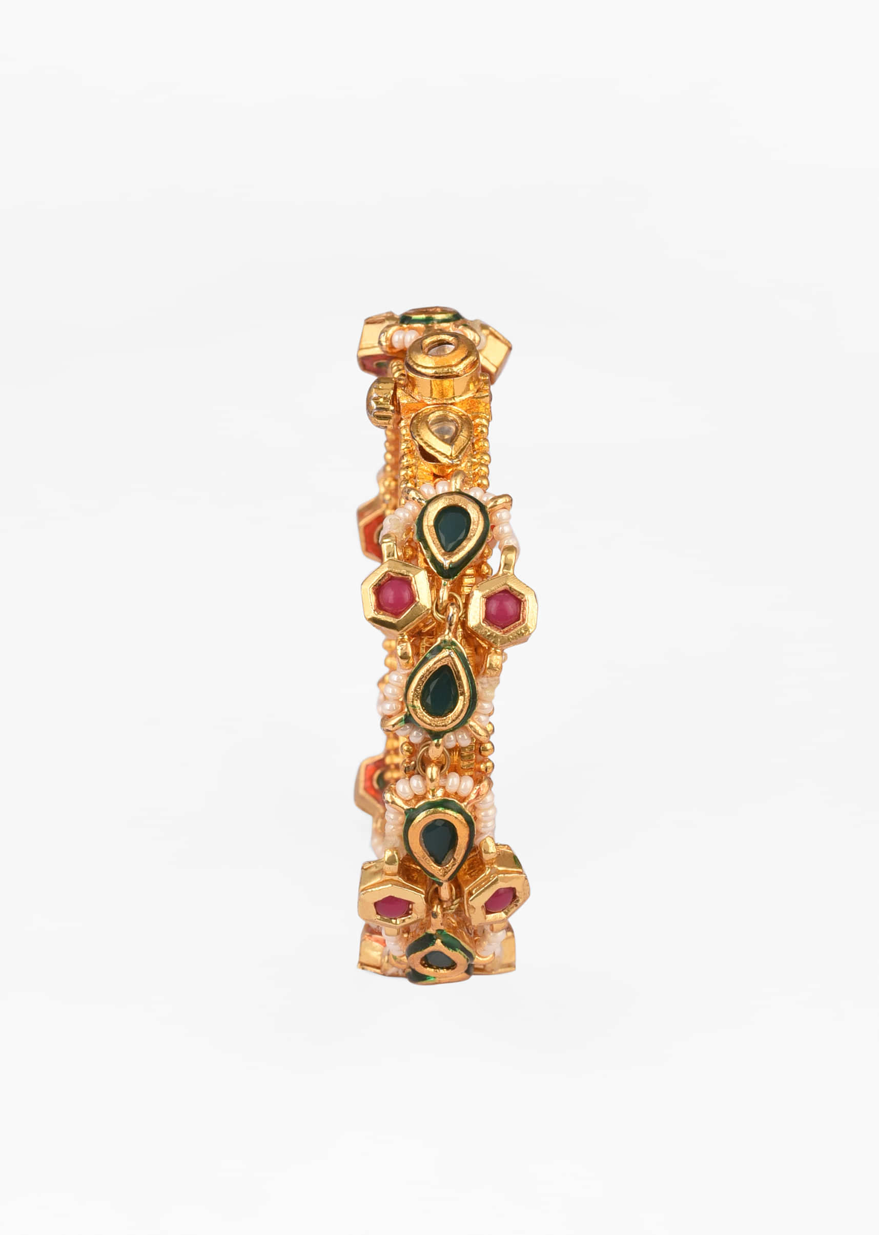 Gold Plated Bangle With Pink And Green Stones And Moti Work