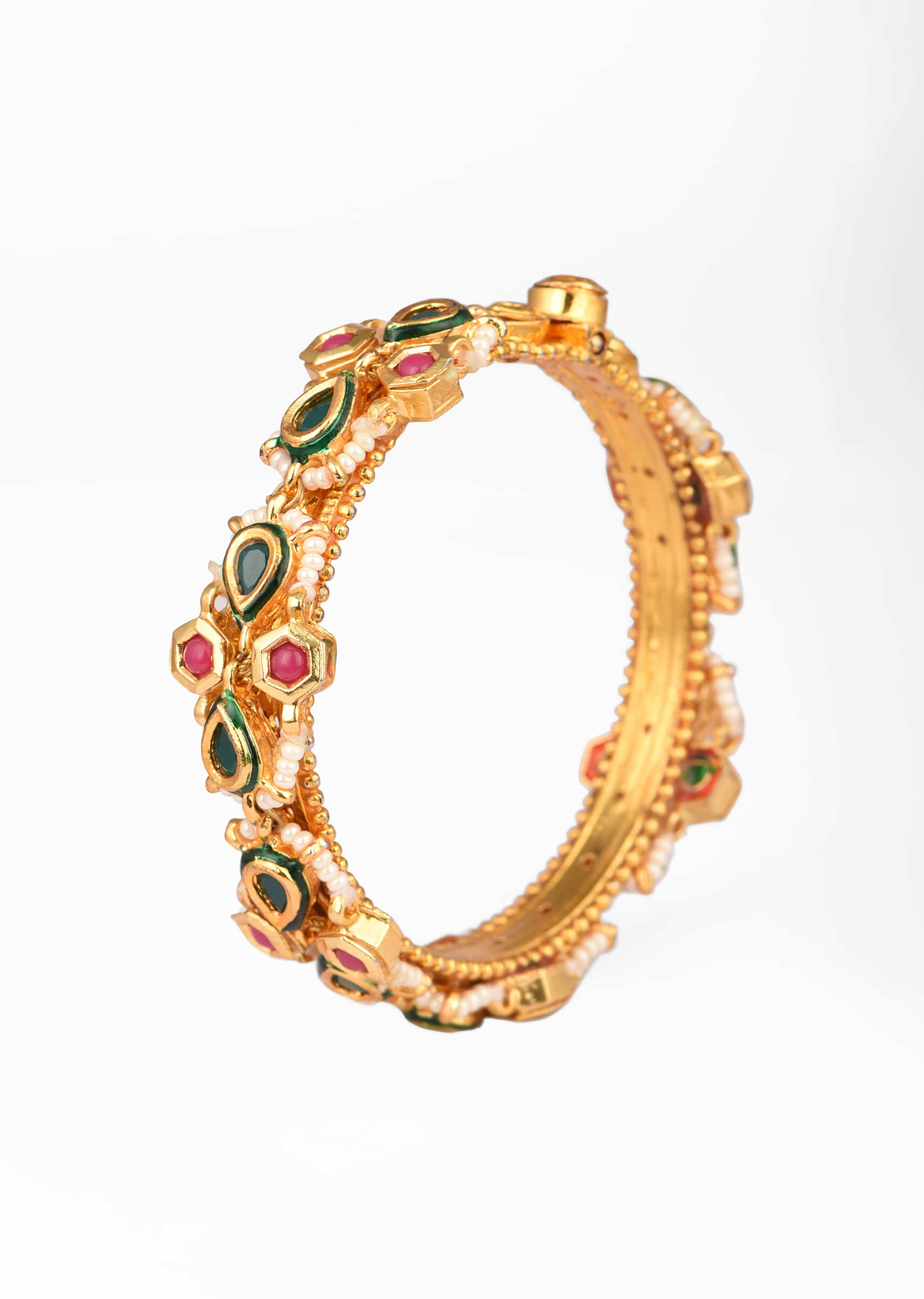 Gold Plated Bangle With Pink And Green Stones And Moti Work
