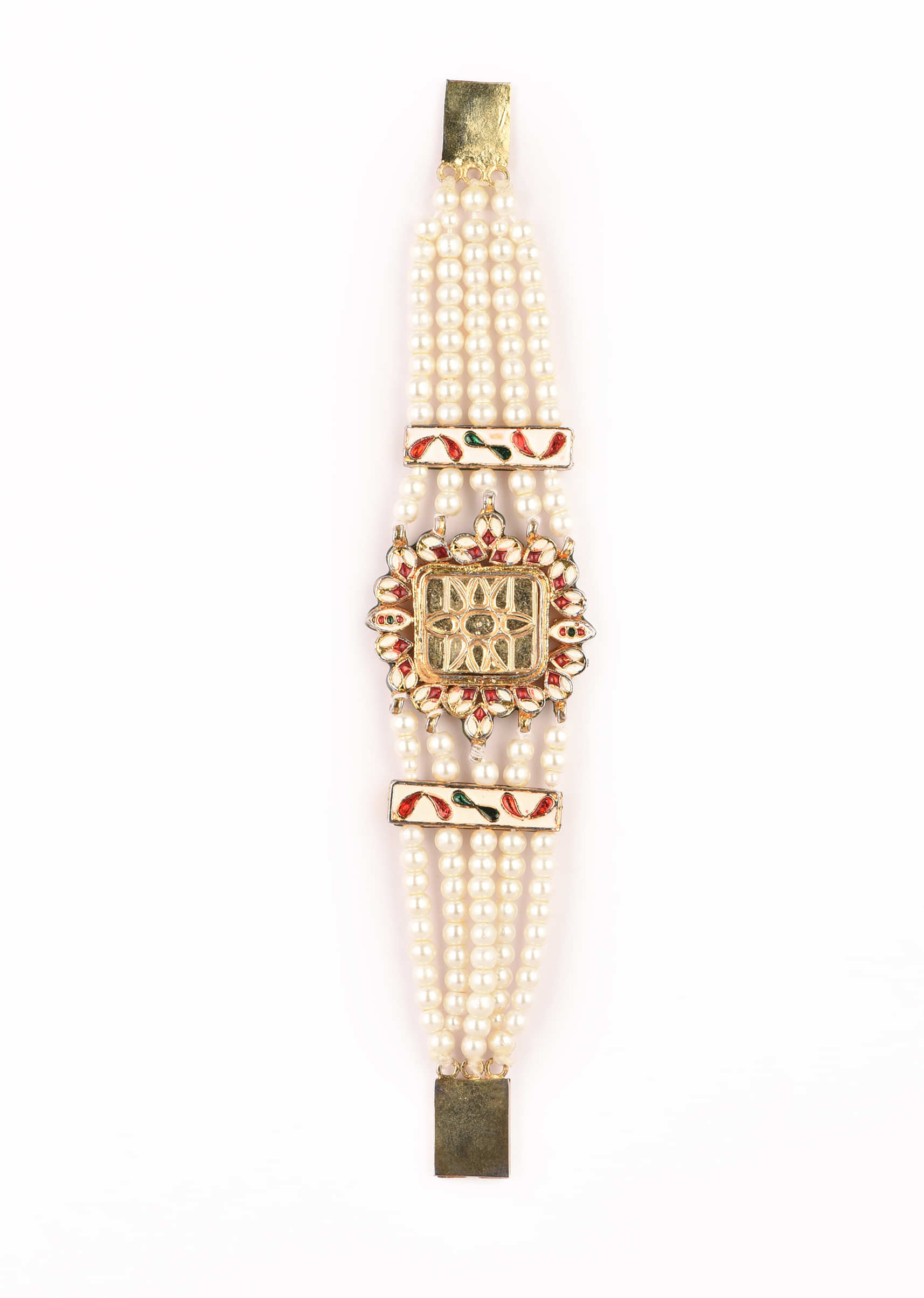 Gold Plated Bracelet With A Kundan Polki Centre Encrusted In A Red Stone And Multiple Moti Strings 