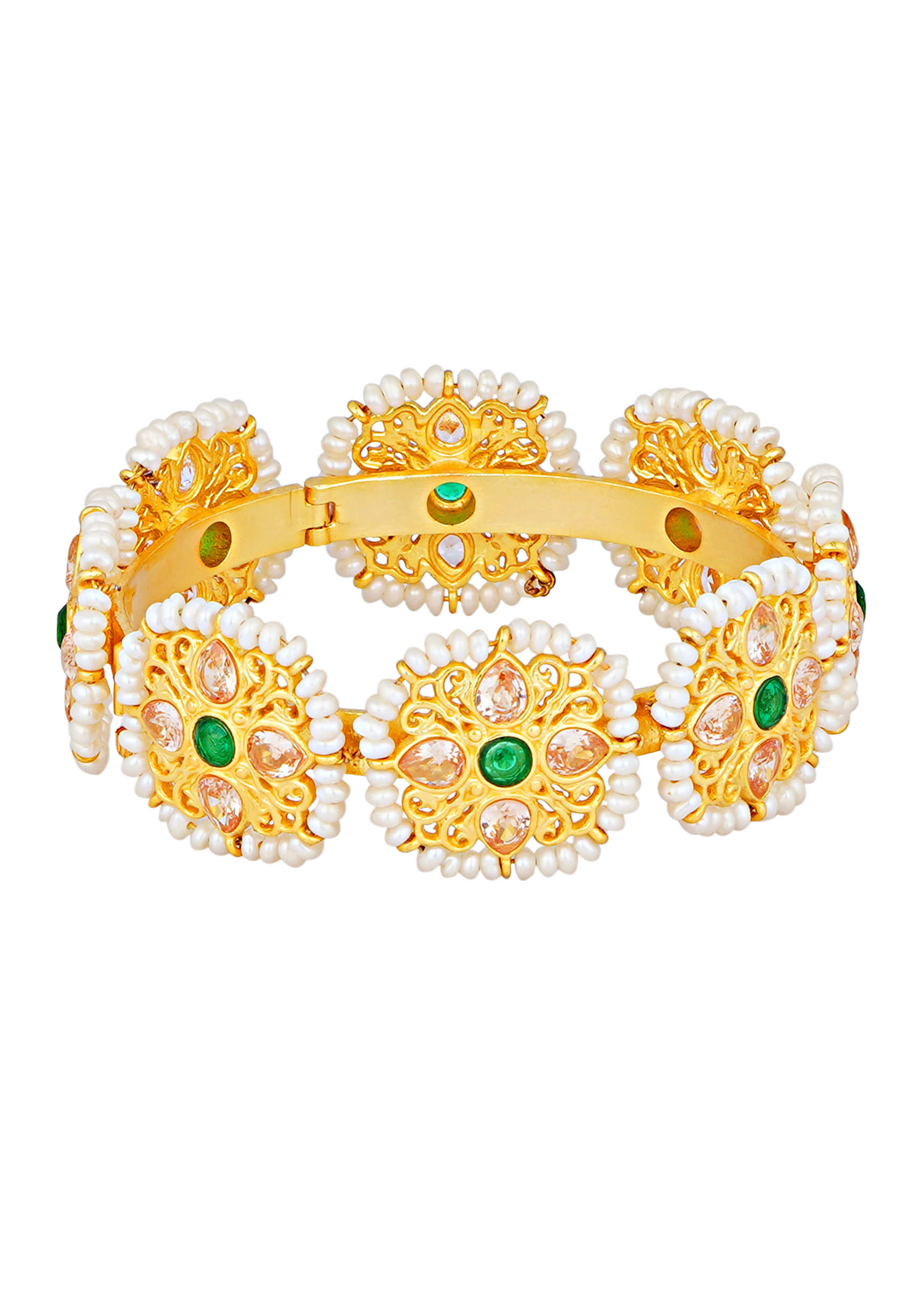 Gold Plated Bracelet With Green And Champagne Cz And Pearls In Floral Design By Zariin
