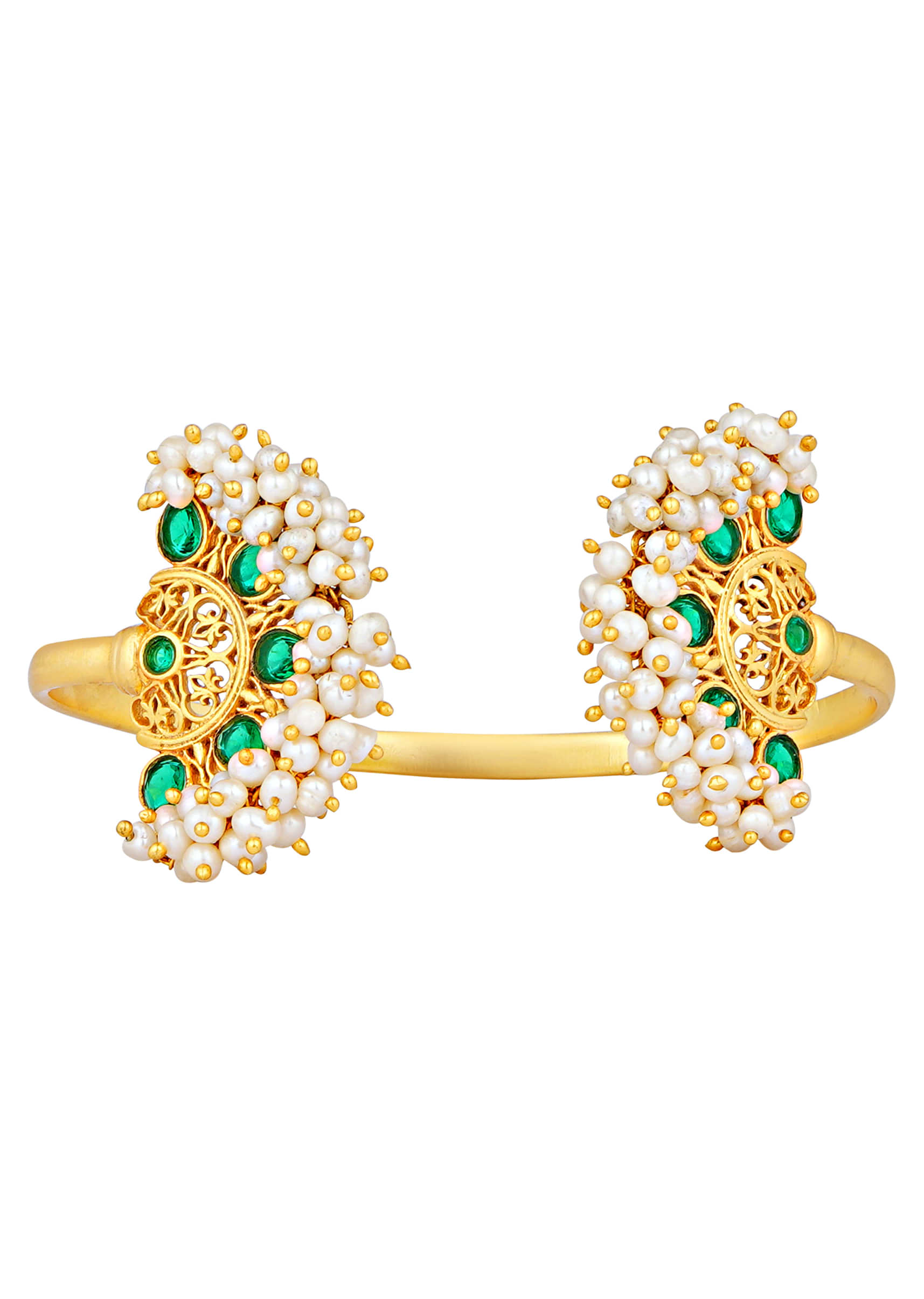 Gold Plated Bracelet With Green Cz And Pearls In Floral Motifs On Both Sides By Zariin