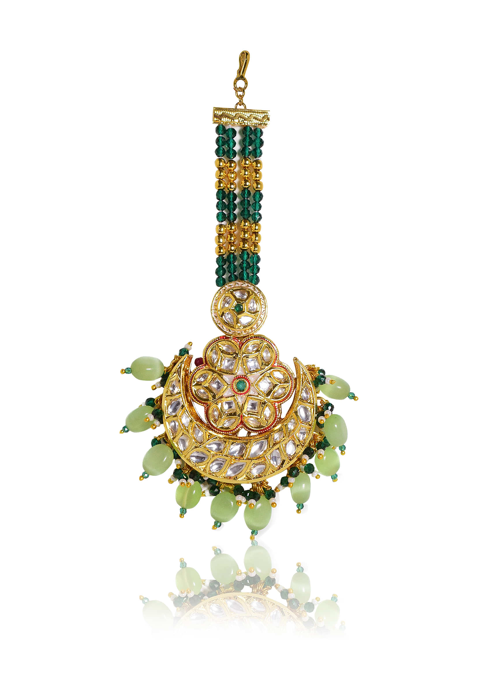 Gold Plated Chand Mangtika With Kundan And Green Synthetic Stones By Tizora