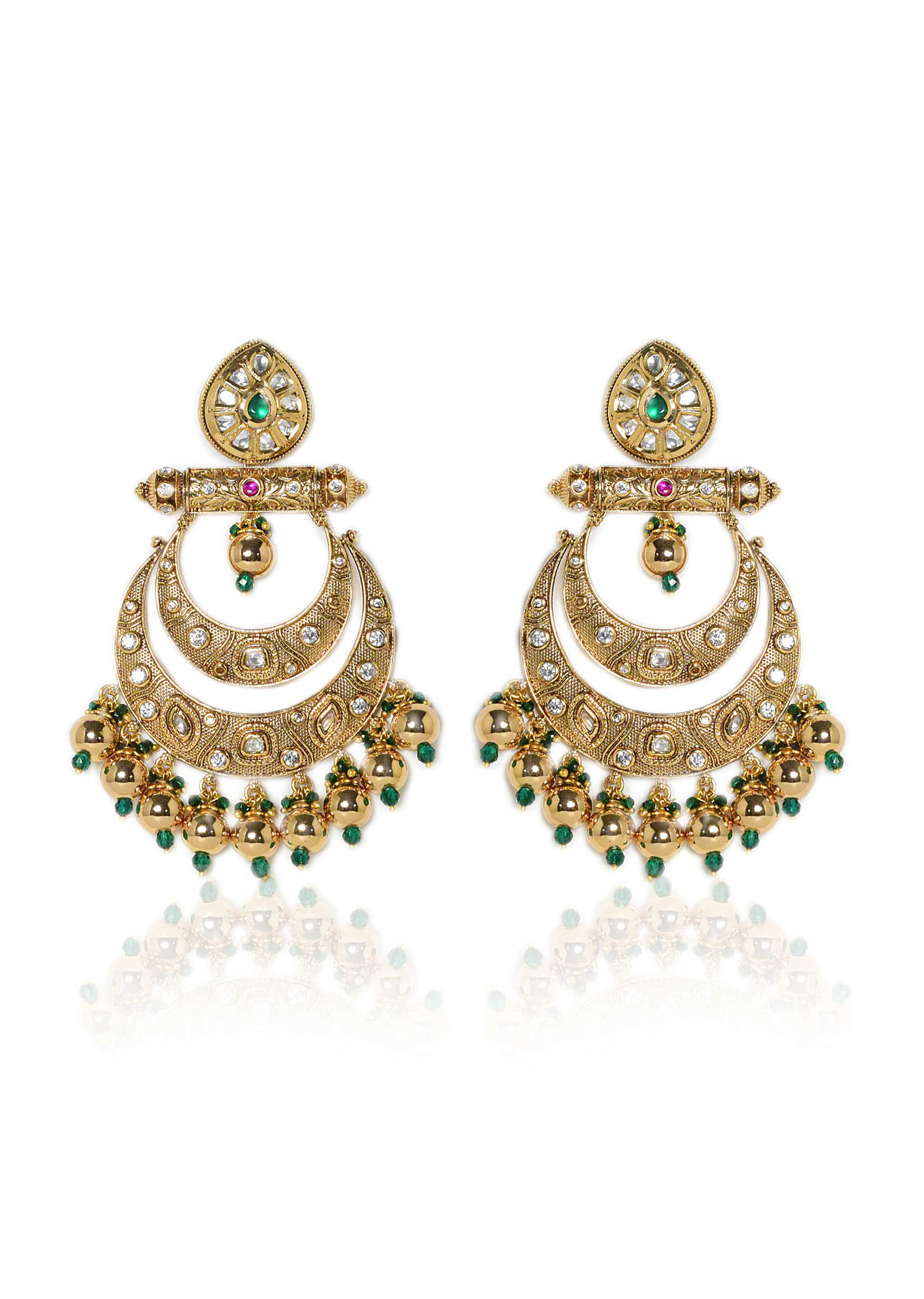 Gold Plated Chandbali Earrings Studded With Kundan And Synthetic Color Stones By Tizora