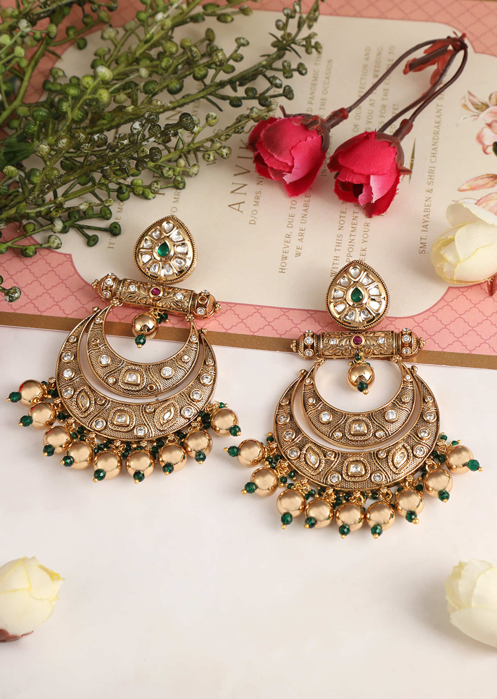 Gold Plated Chandbali Earrings Studded With Kundan And Synthetic Color Stones By Tizora