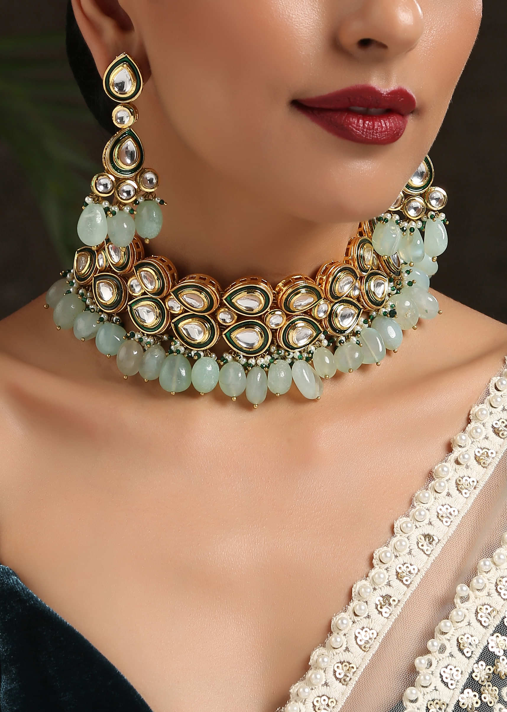 Gold Plated Choker And Earrings Set With Floral Kundan And Dangling Mint Stones By Paisley Pop