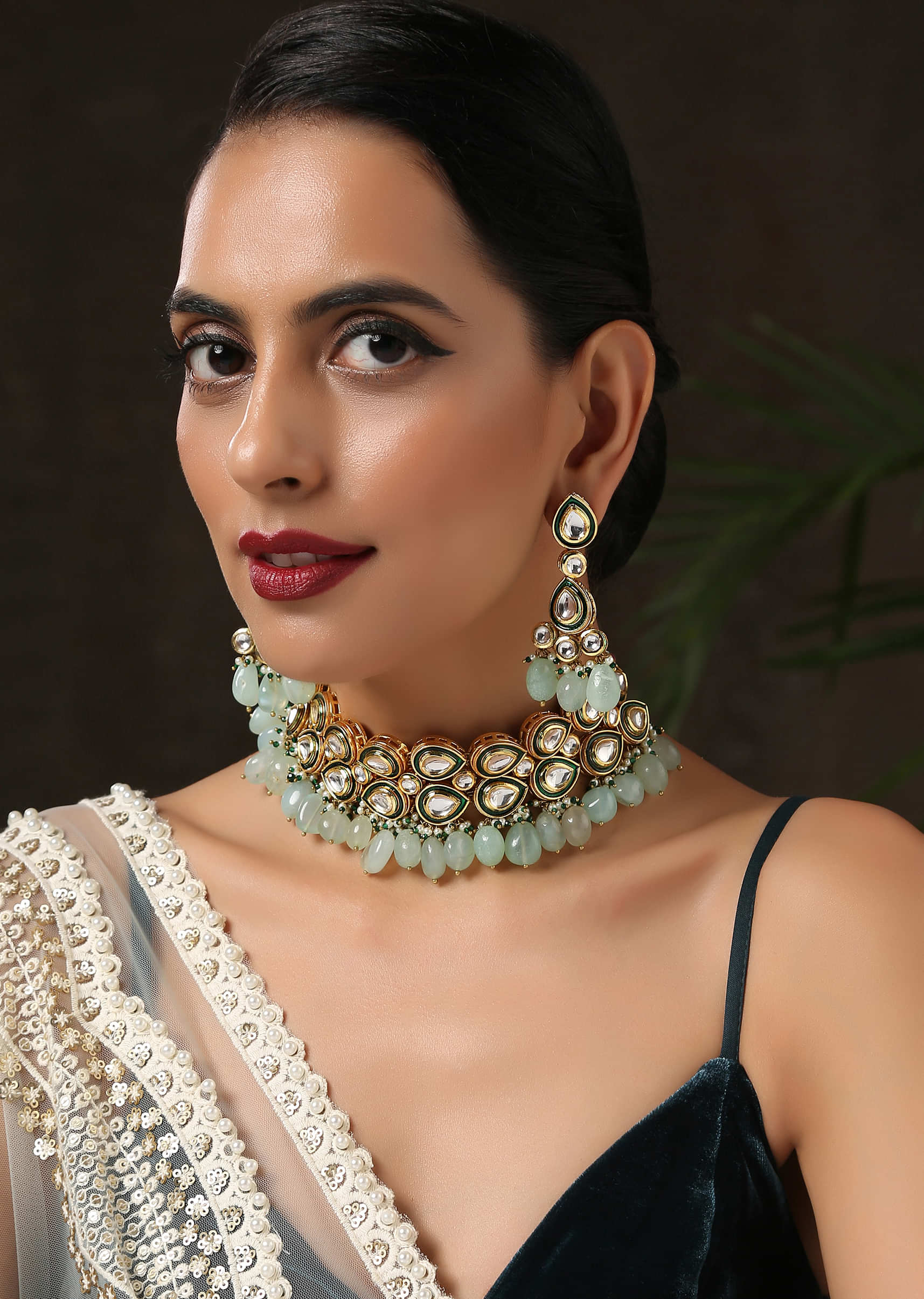 Gold Plated Choker And Earrings Set With Floral Kundan And Dangling Mint Stones By Paisley Pop