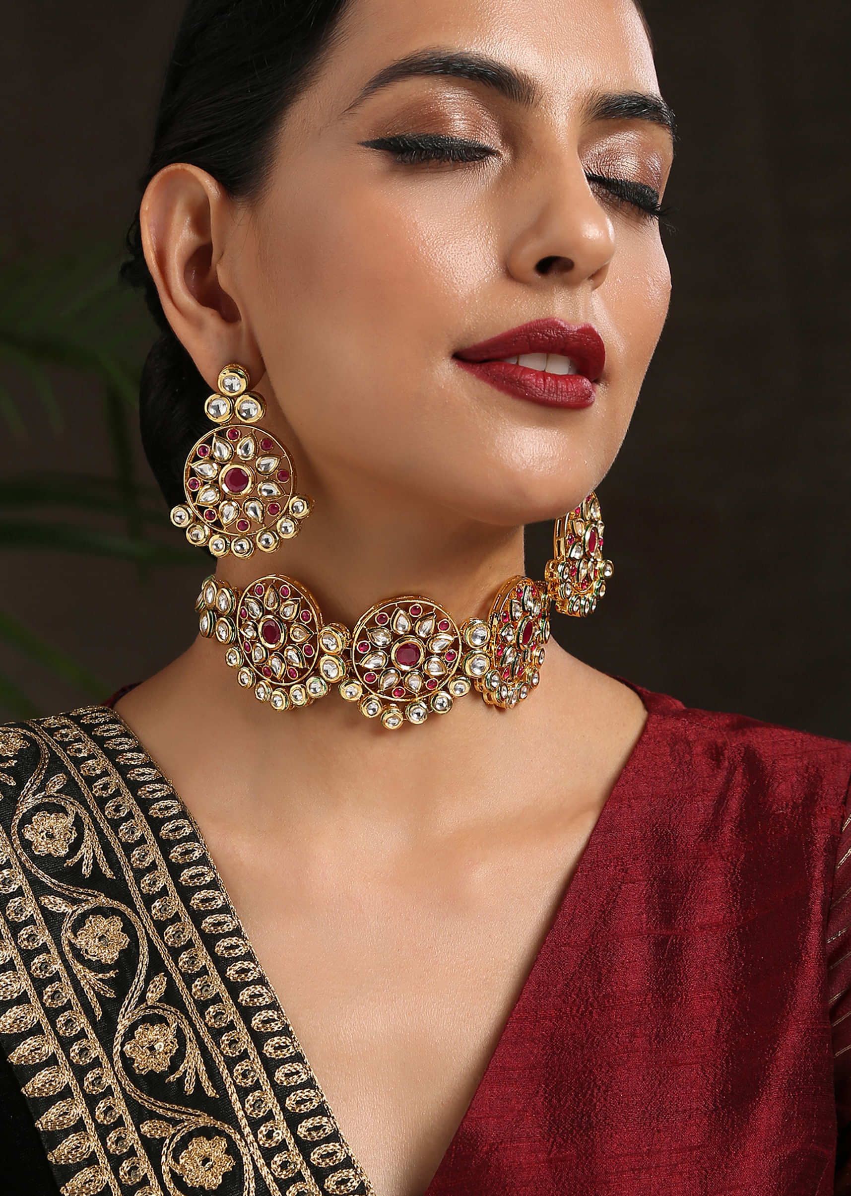 Gold Plated Choker And Earrings Set With Kundan Flowers, Red Stones And Dangling Pearls By Paisley Pop