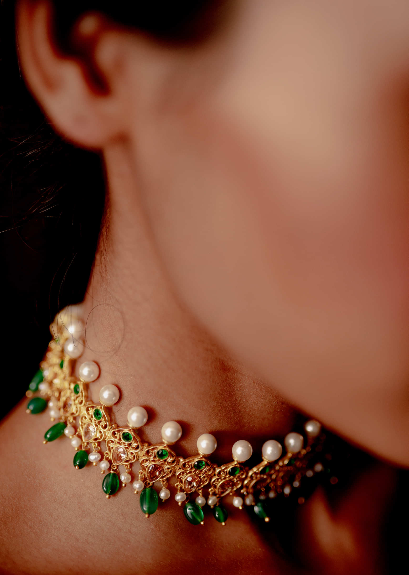 Gold Plated Choker Necklace With Green Champagne Cz, Green Onyx And Pearls By Zariin
