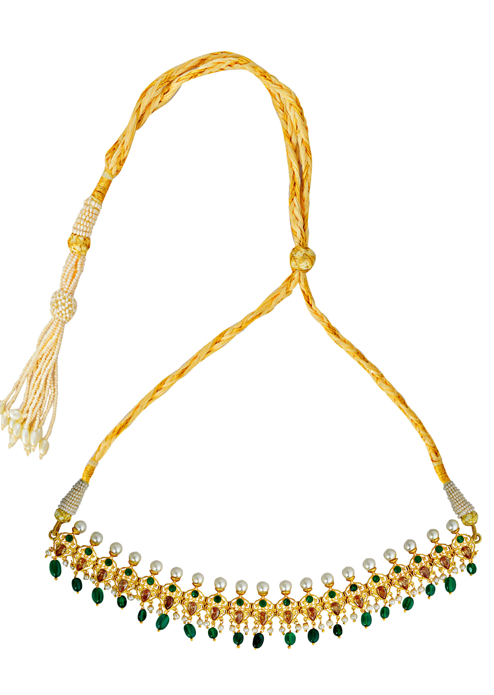 Gold Plated Choker Necklace With Green Champagne Cz, Green Onyx And Pearls By Zariin