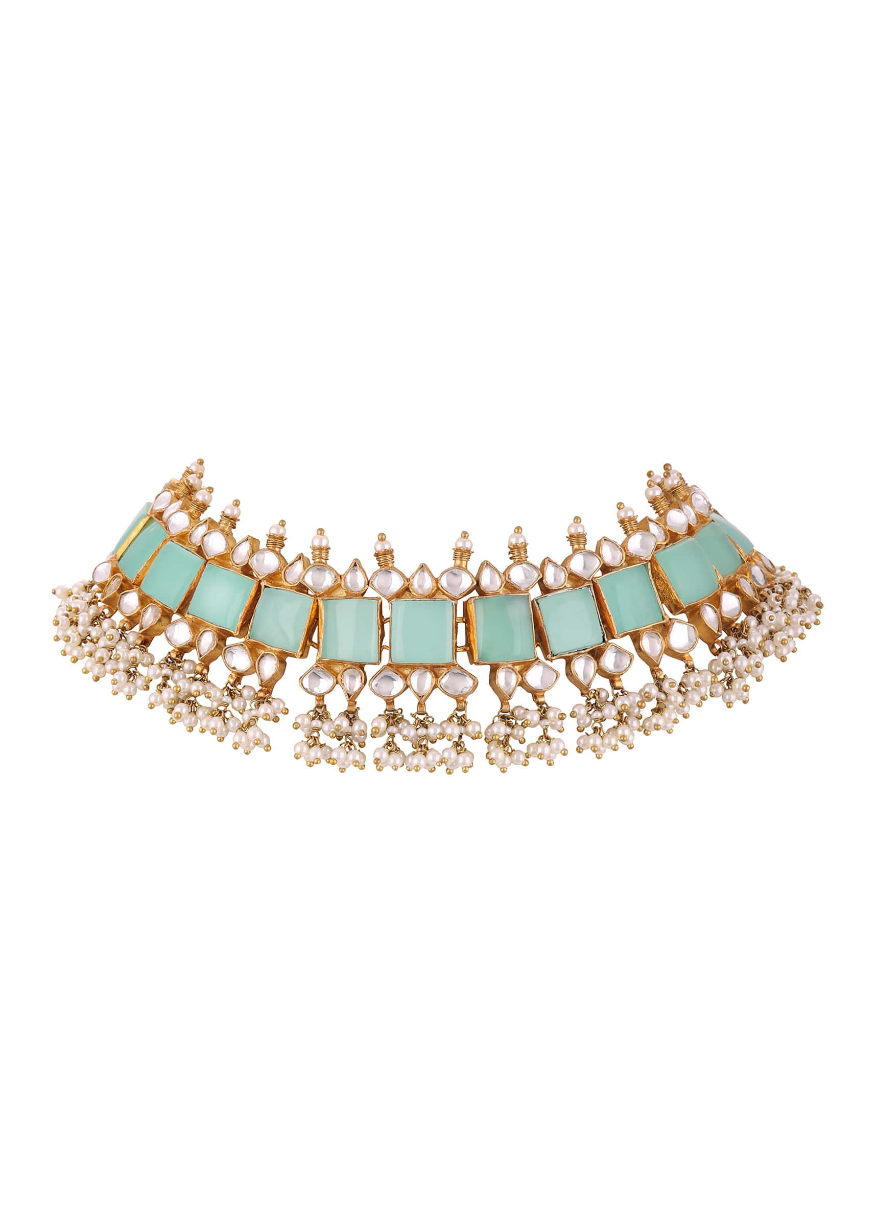 Gold Plated Choker Necklace With Green Semi Precious Stones, Moti And Kundan