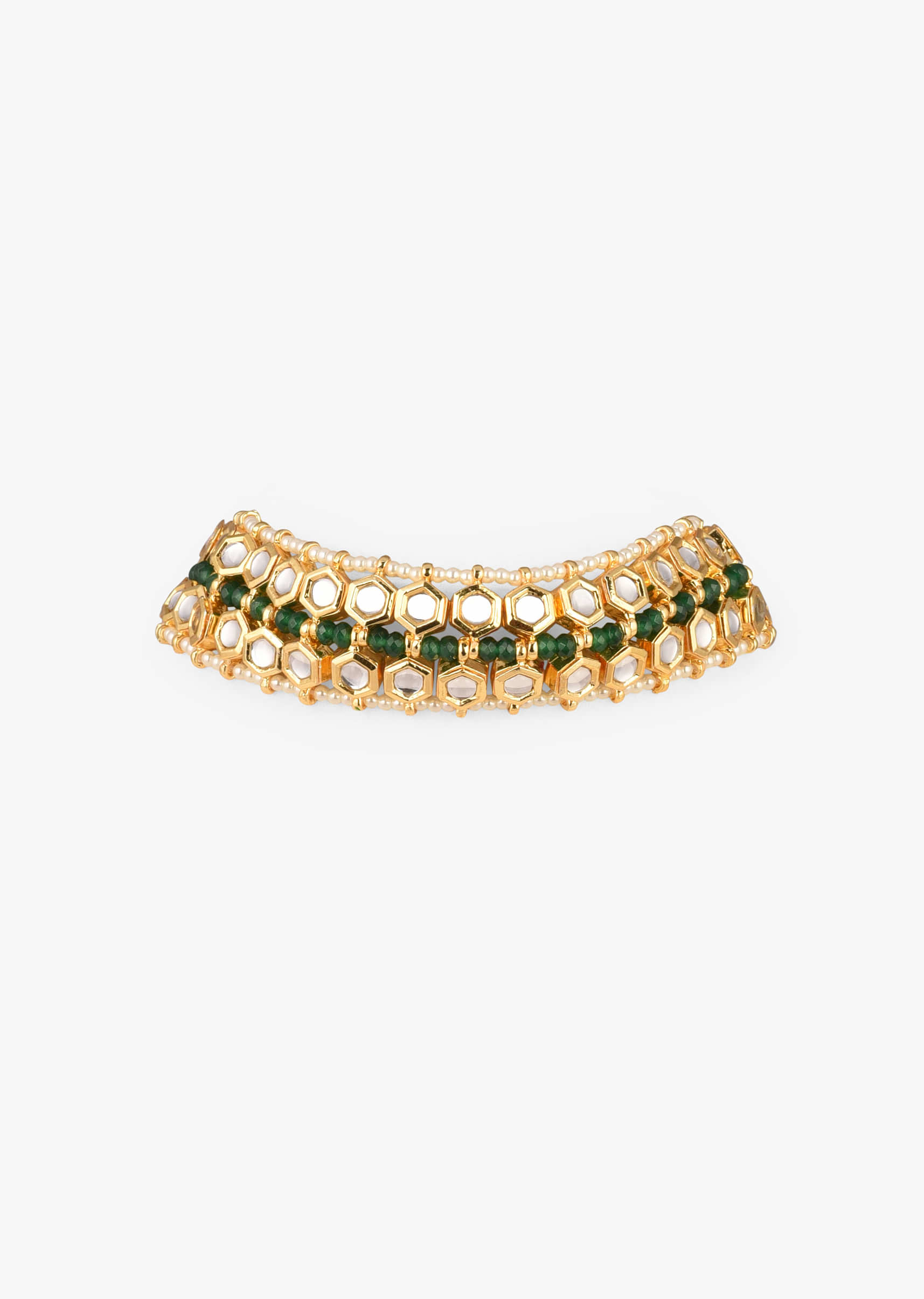 Gold Plated Choker Necklace With Hexagone Kundan Layers, Green Beads And Moti Work 