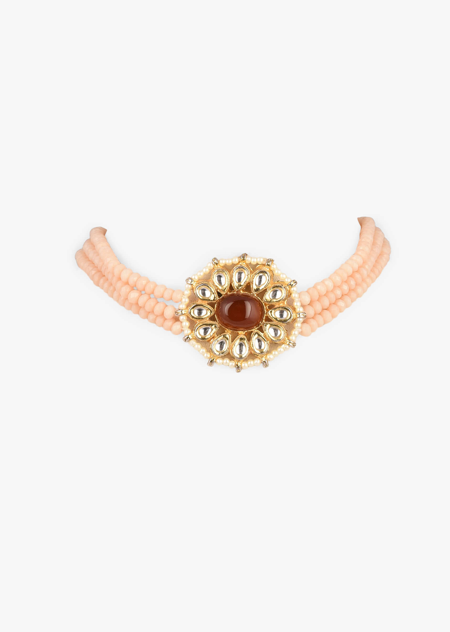 Gold Plated Choker Necklace With Maroon Oval Stone Centre And Peach Bead Strings 