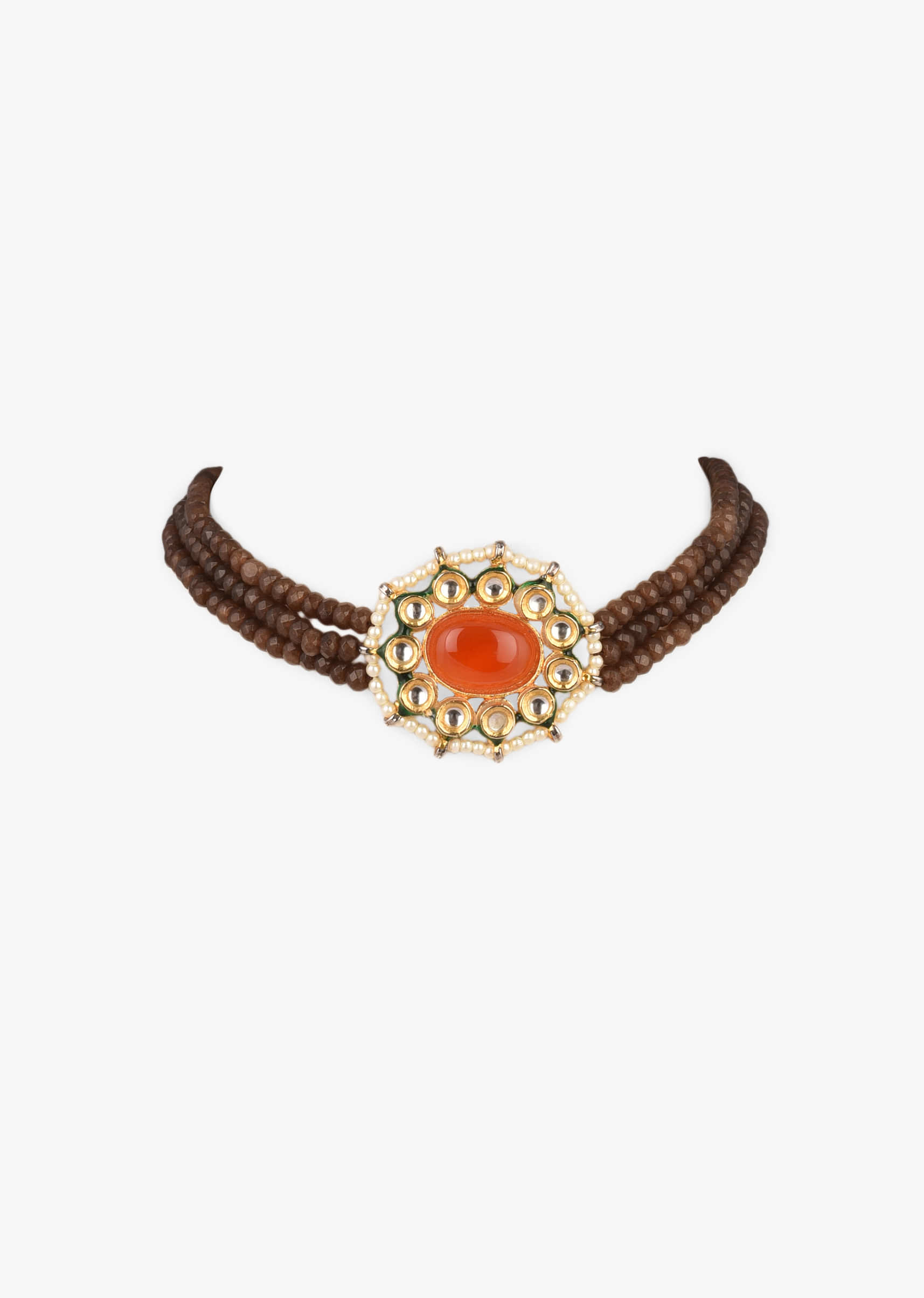 Gold Plated Choker Necklace With Orange Oval Stone Centre And Brown Bead Strings 