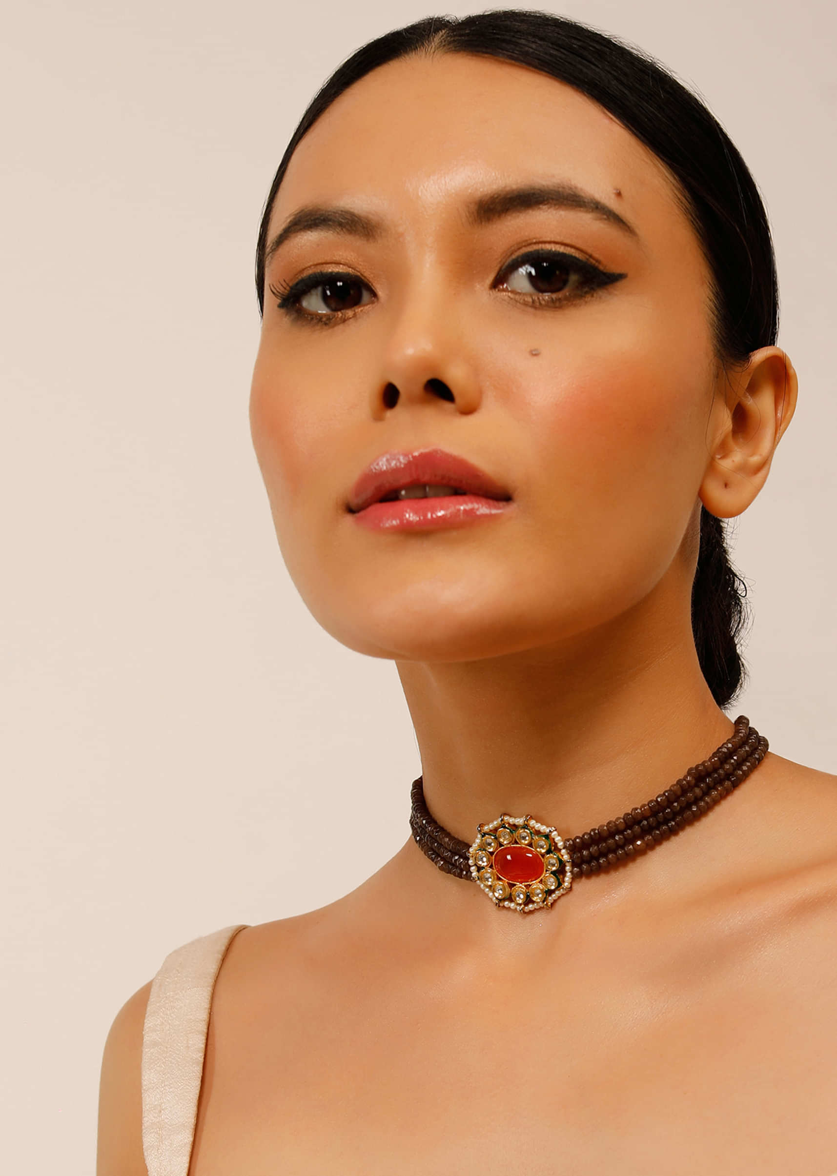 Gold Plated Choker Necklace With Orange Oval Stone Centre And Brown Bead Strings 