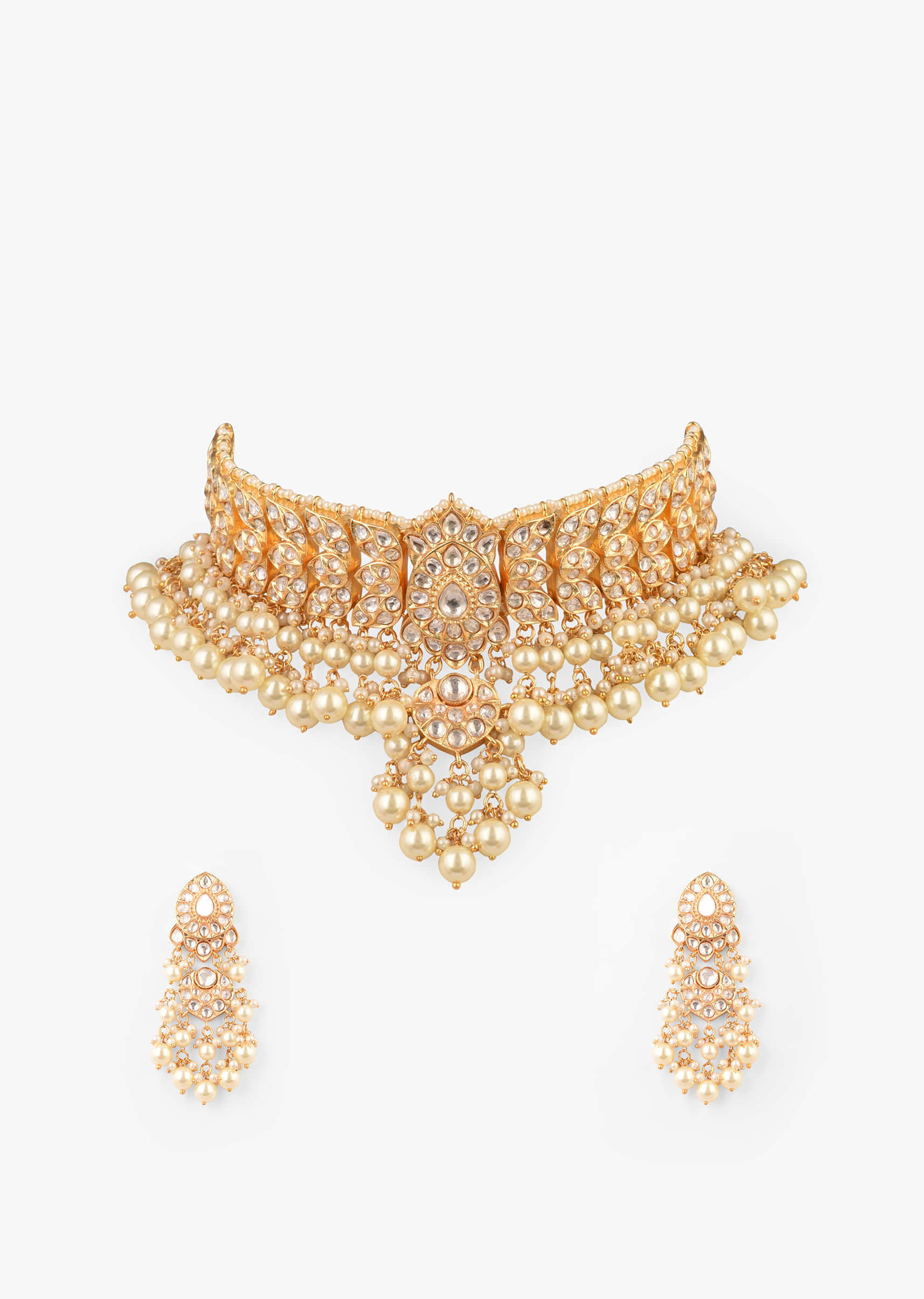 Gold Plated Choker Set With Kundan Work In Ethnic Design With Dangling Pearl Fringes