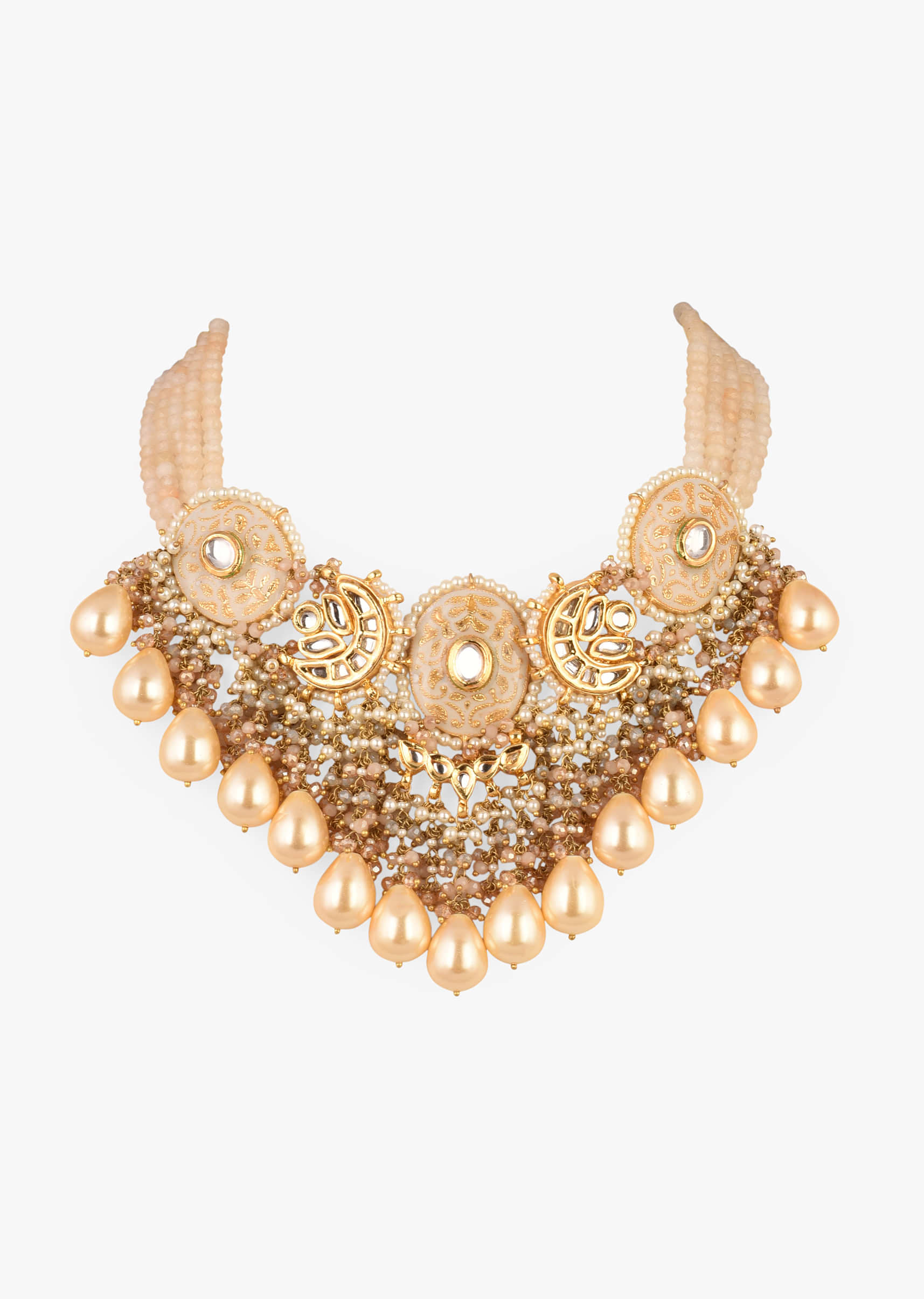 Gold Plated Choker With Cream Oval Minakari Studded In Kundan With Bead And Moti Drops 