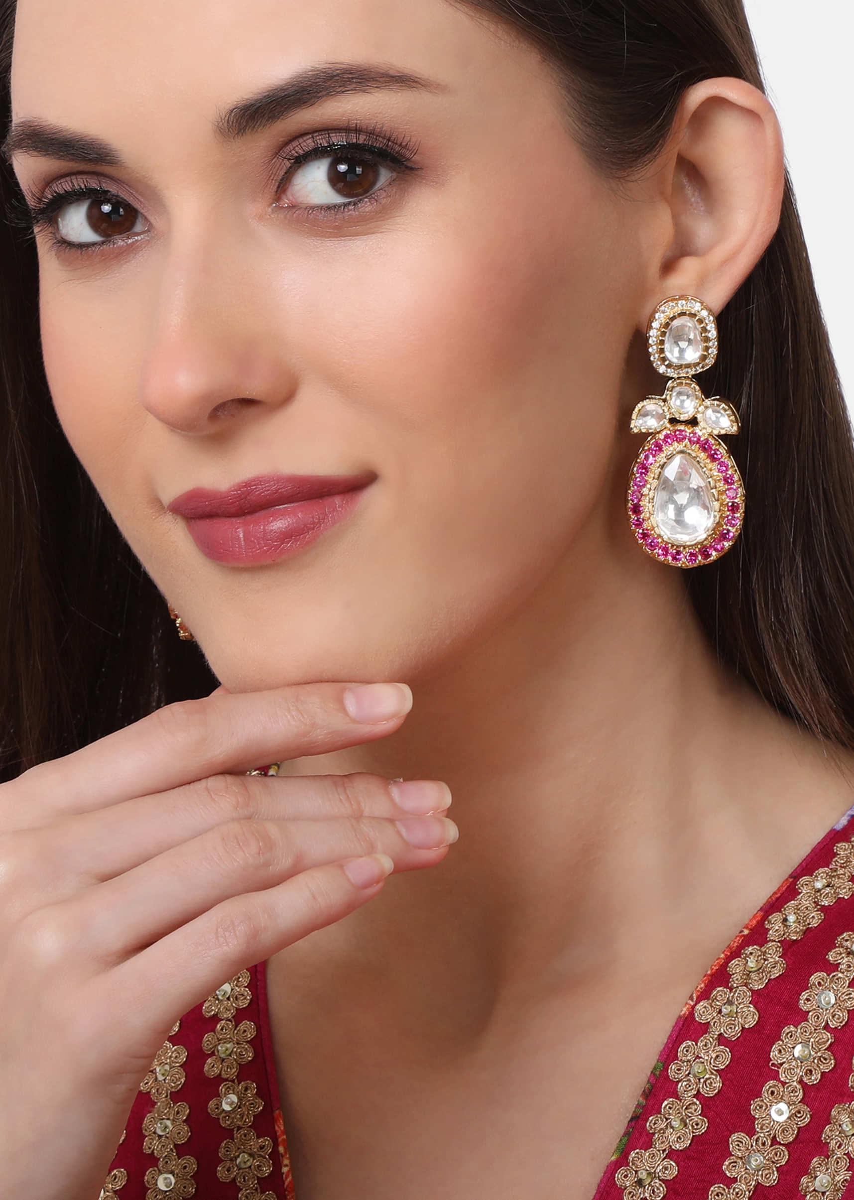 Gold Plated Cocktail Earrings With Kundan And Red Synthetic Stones By Tizora