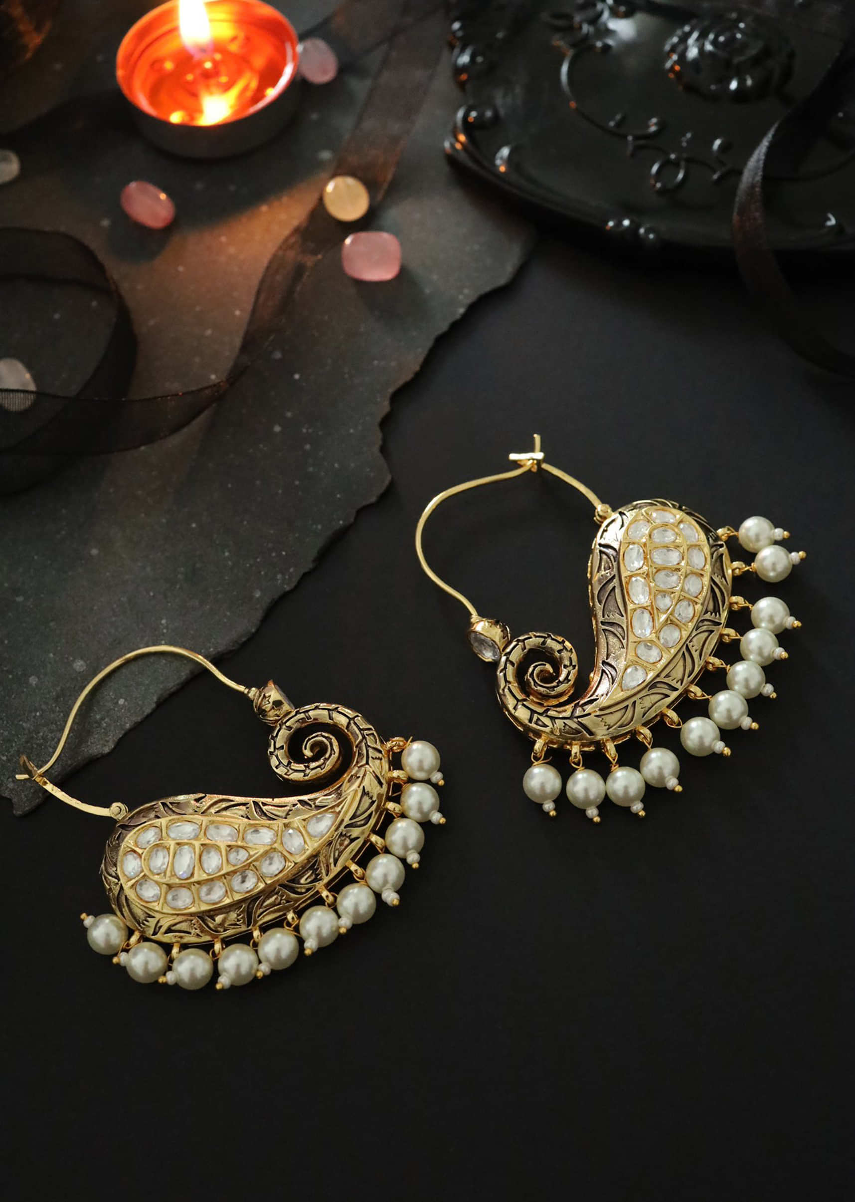 Gold Plated Earrings Featuring Kundan, Minakari And Embossed Intricate Pattern By Paisley Pop