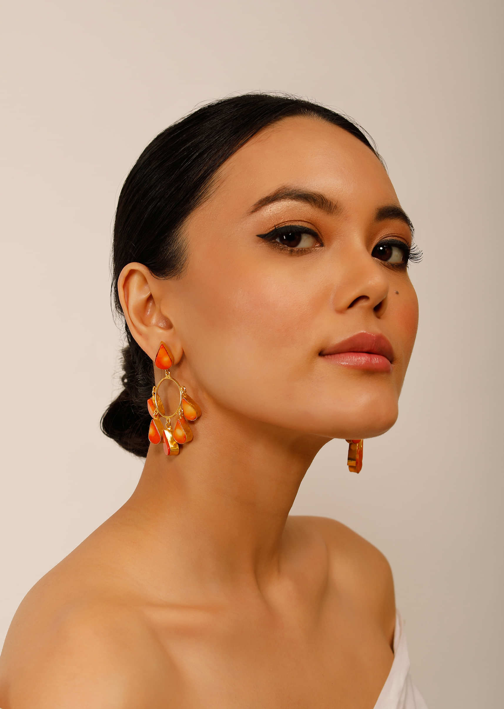 Gold Plated Earrings With Dangling Coral Semi Precious Stone Drops 