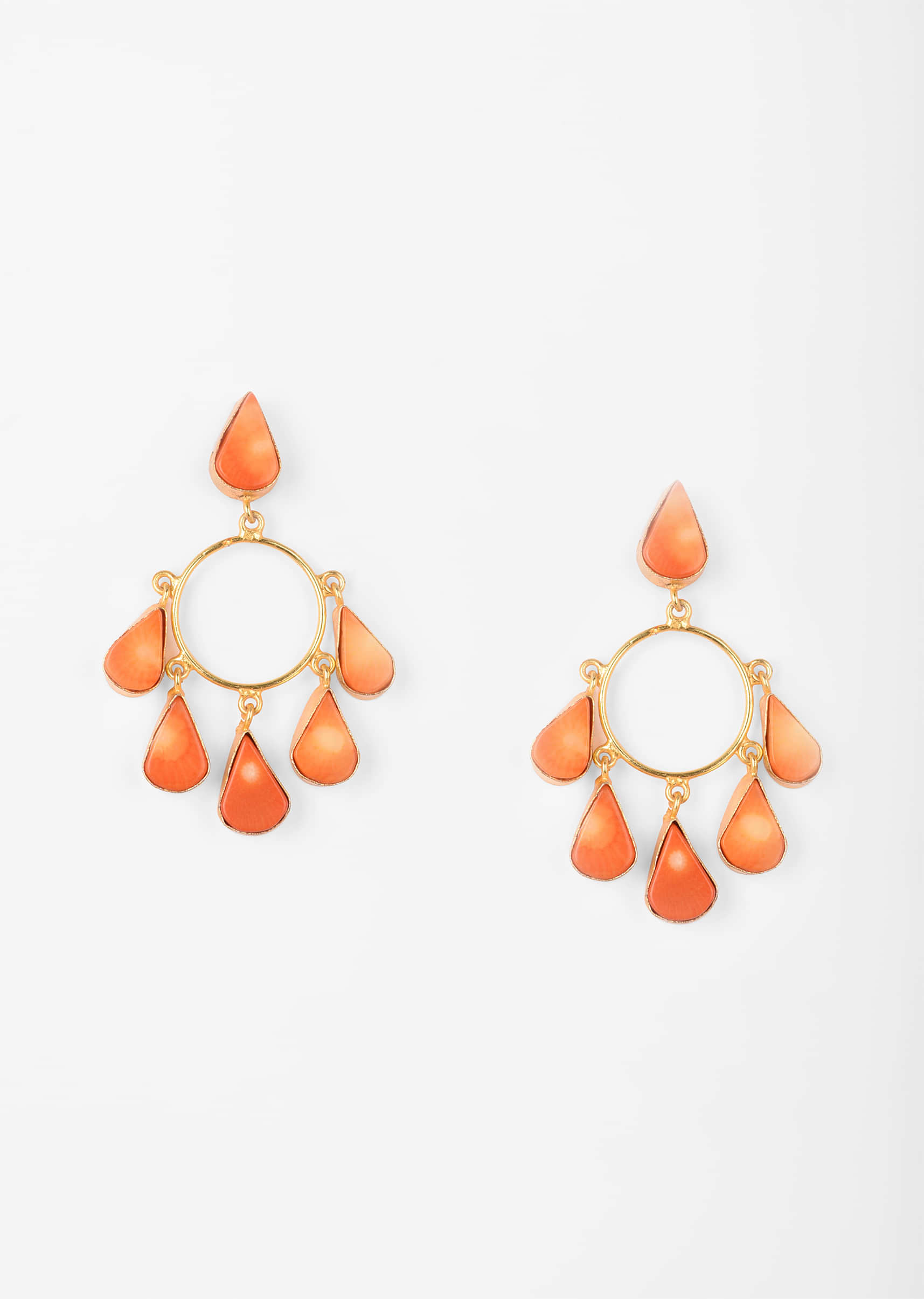 Gold Plated Earrings With Dangling Coral Semi Precious Stone Drops 