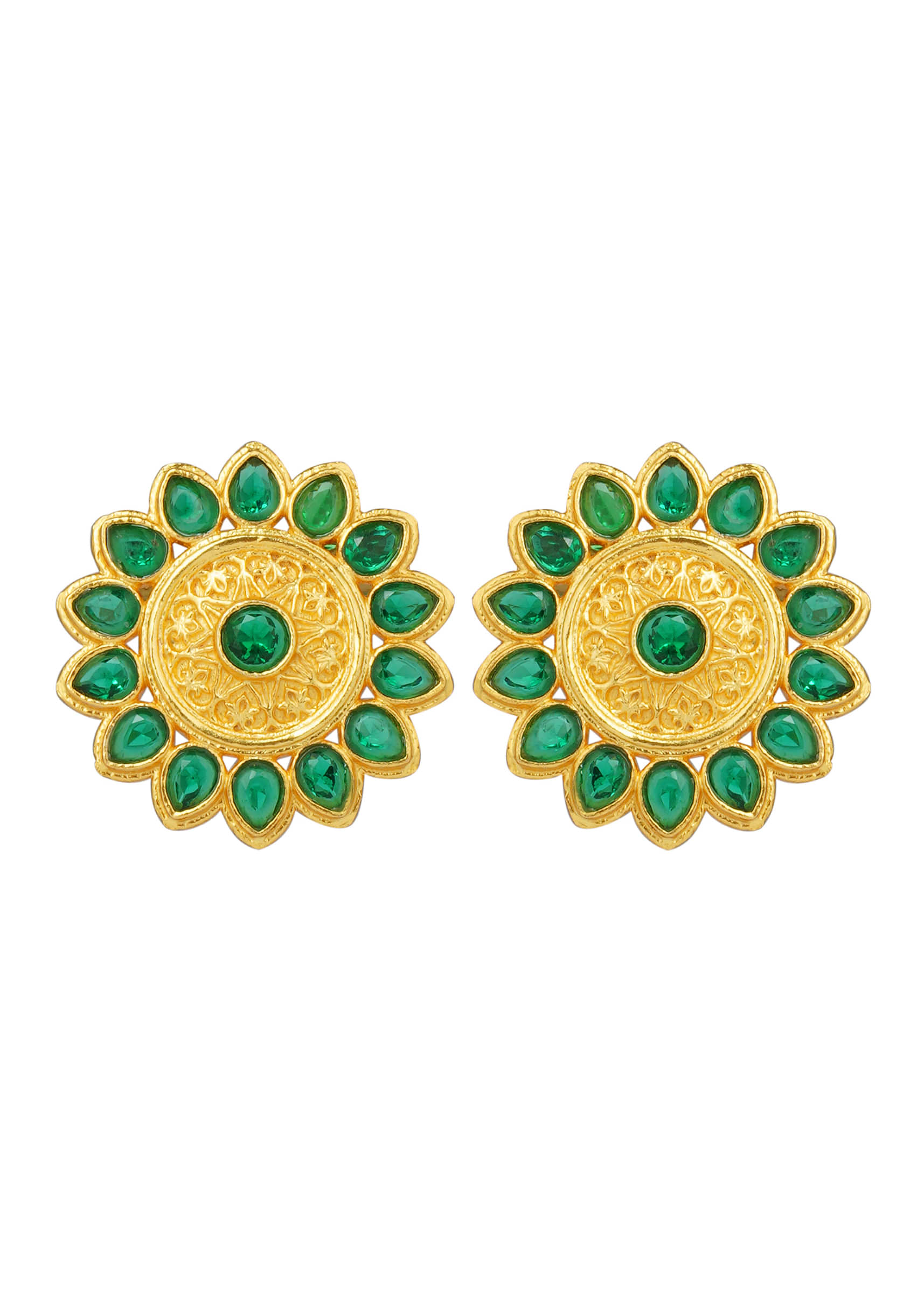 Gold Plated Earrings With Green Cz In Floral Motif By Zariin