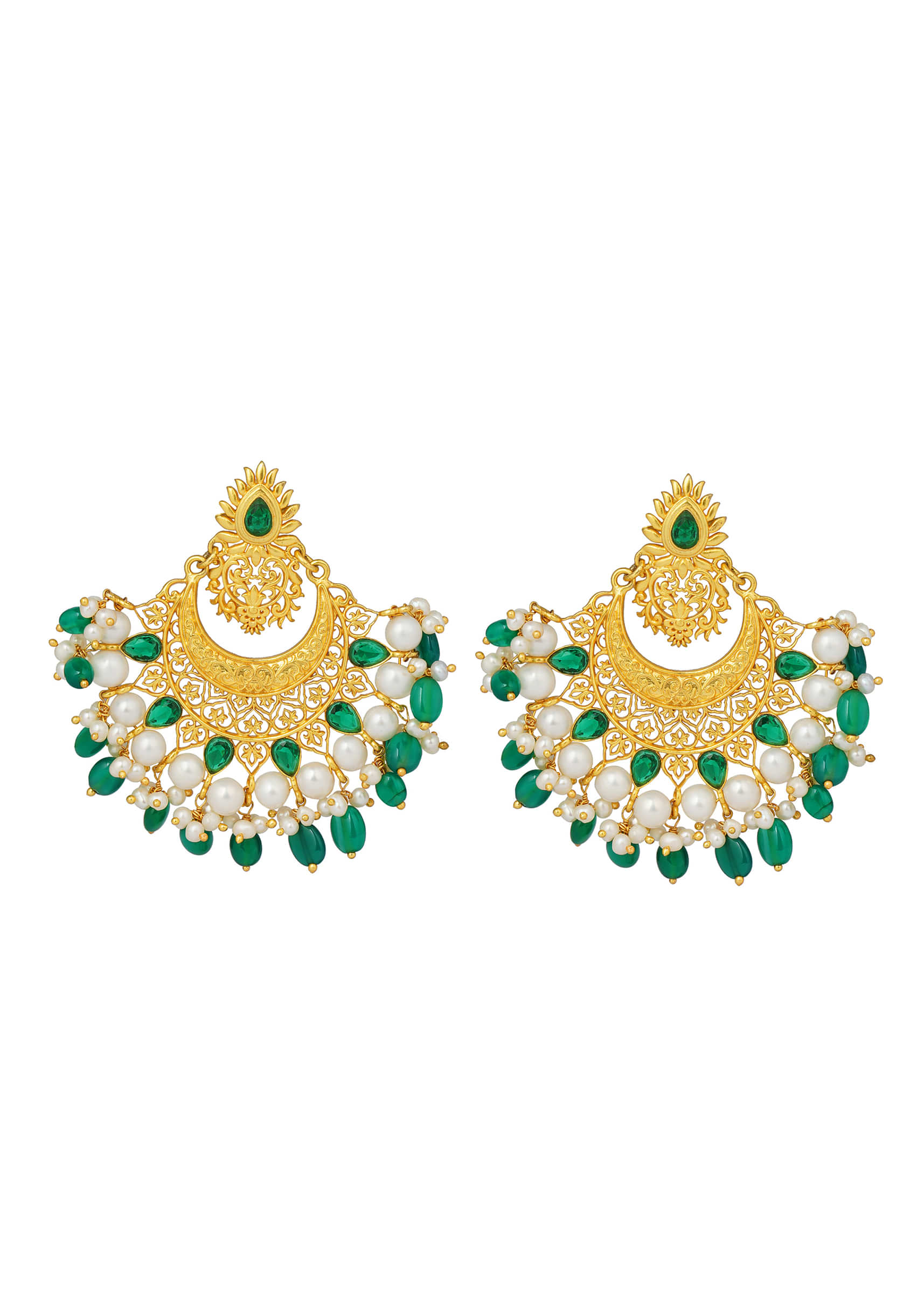 Gold Plated Earrings With Green Cz, Miniature Pearls And Green Onyx Beads By Zariin
