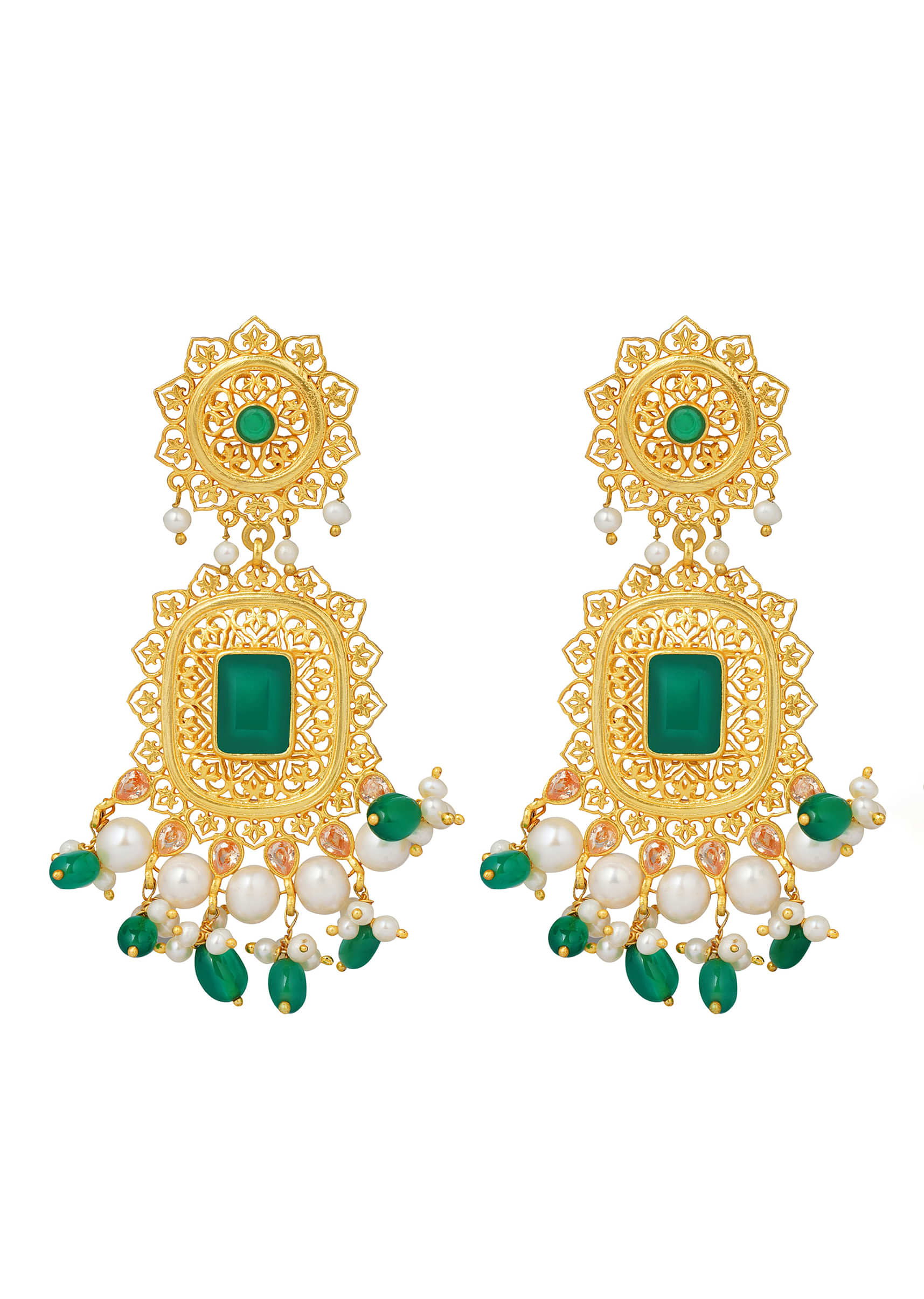 Gold Plated Earrings With Green Cz Studded In A Halo Of Gold Filigree By Zariin