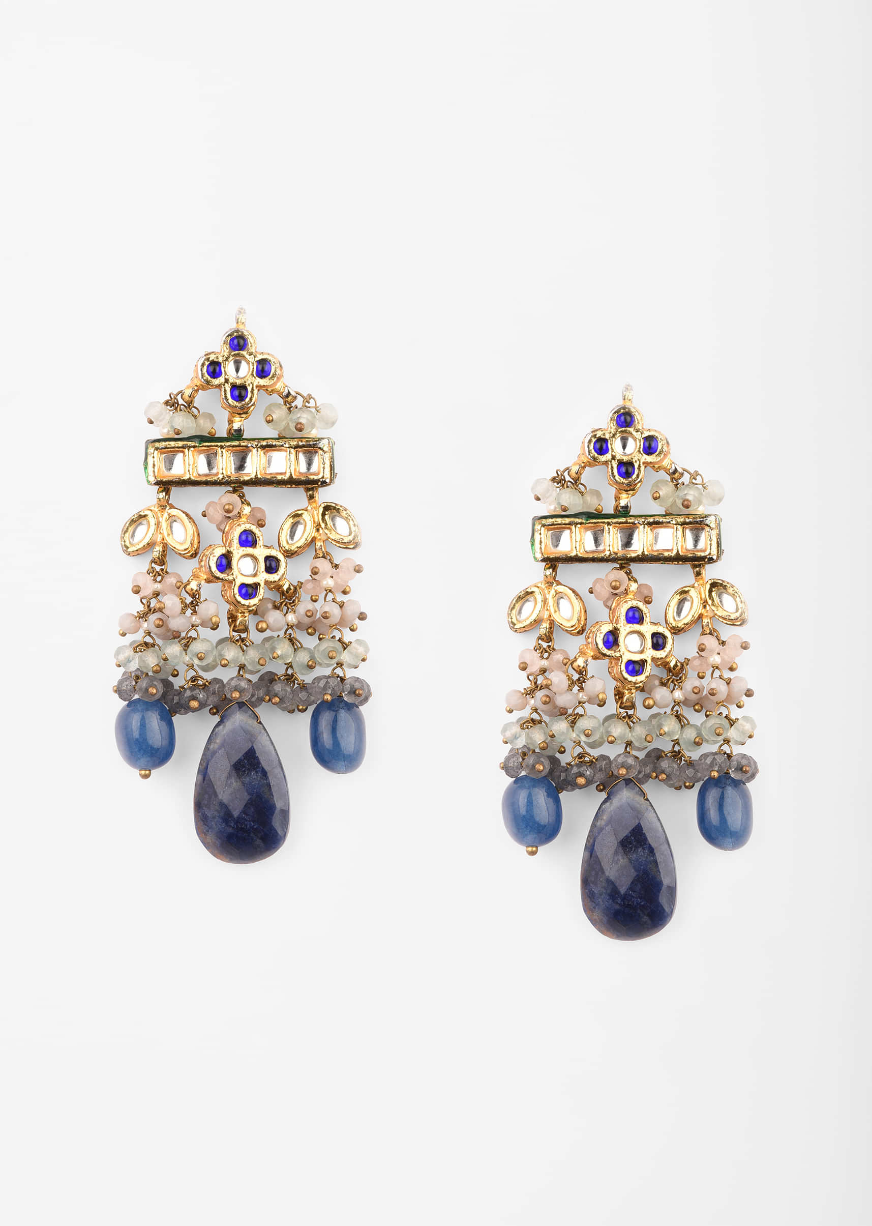 Gold Plated Earrings With Kundan And Dangling Navy Blue Drops And Shaded Blue Bead Fringes