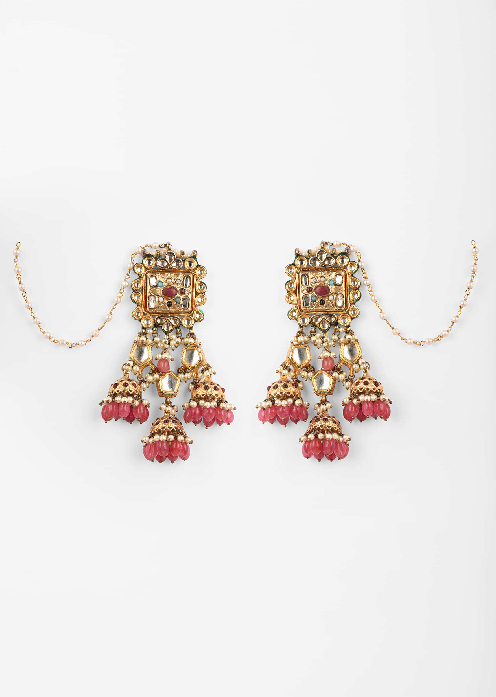 Gold Plated Earrings With Kundan Studded Square Motif And Dangling Jhumkas With Maroon Beads