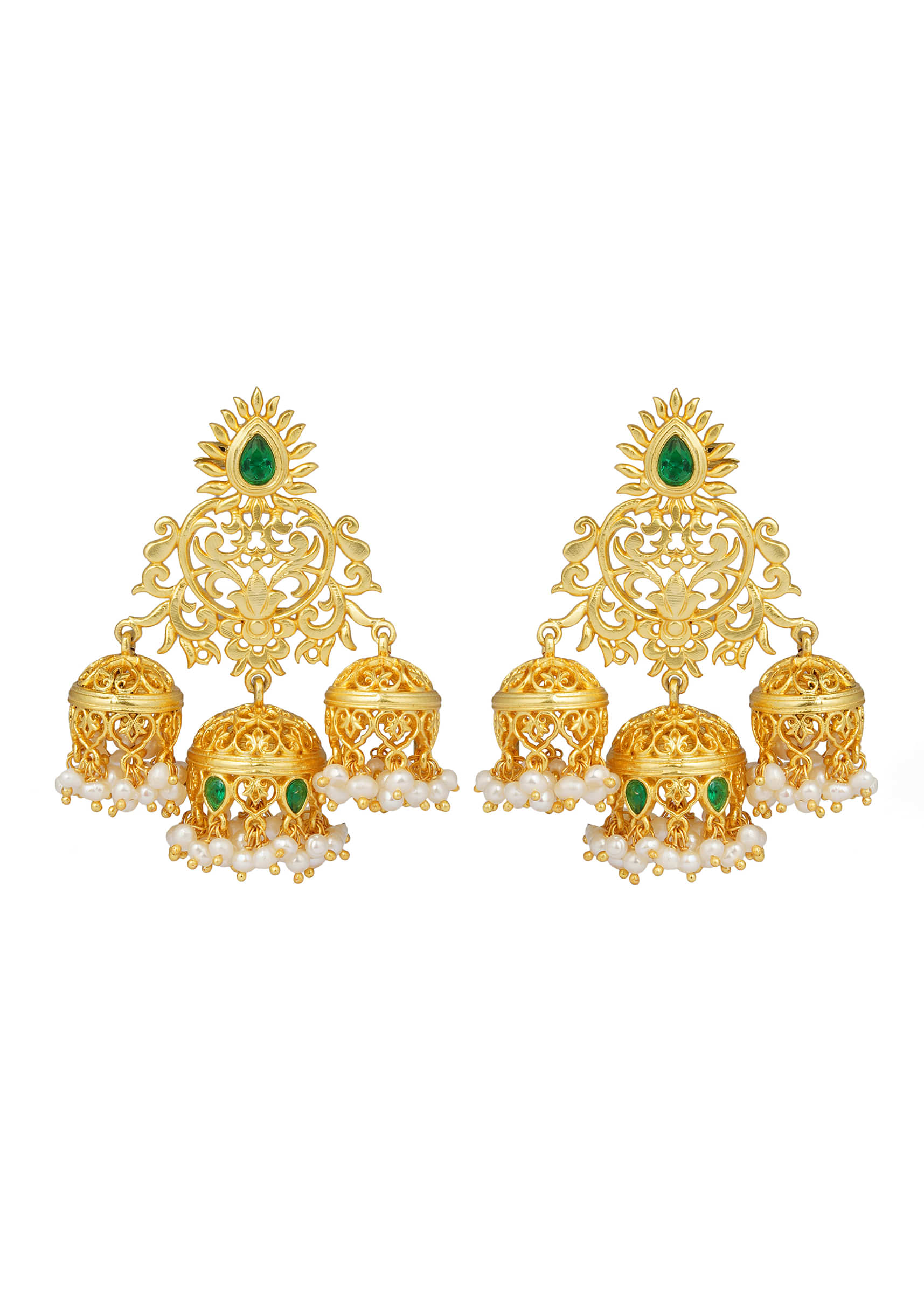 Gold Plated Earrings With Mini Jhumkas Edged In Moti And Delicate Filigree By Zariin