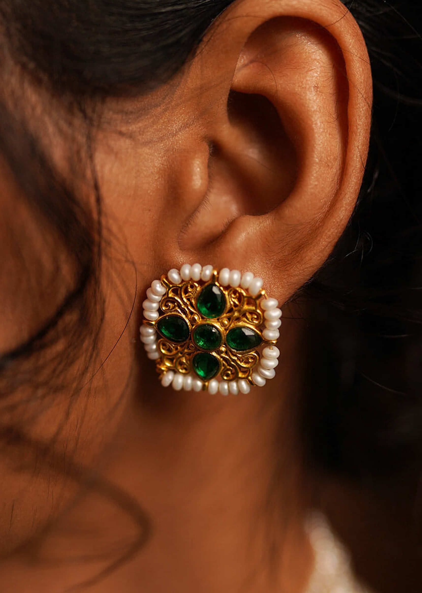 Gold Plated Earrings With Rajputana Green Cz And Mughal Pearls By Zariin