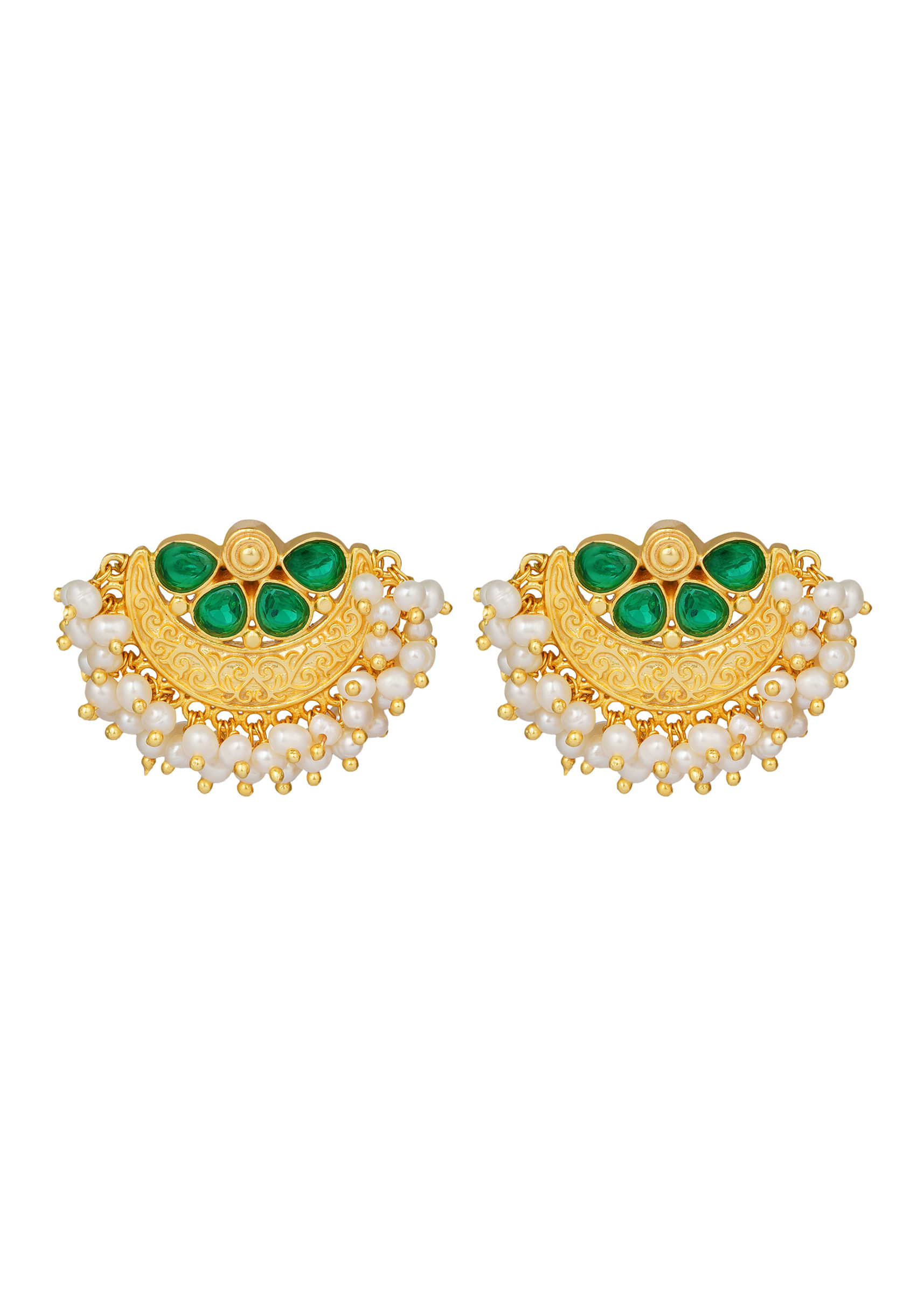 Gold Plated Floral Studs With Green Cz And Miniature Pearls By Zariin