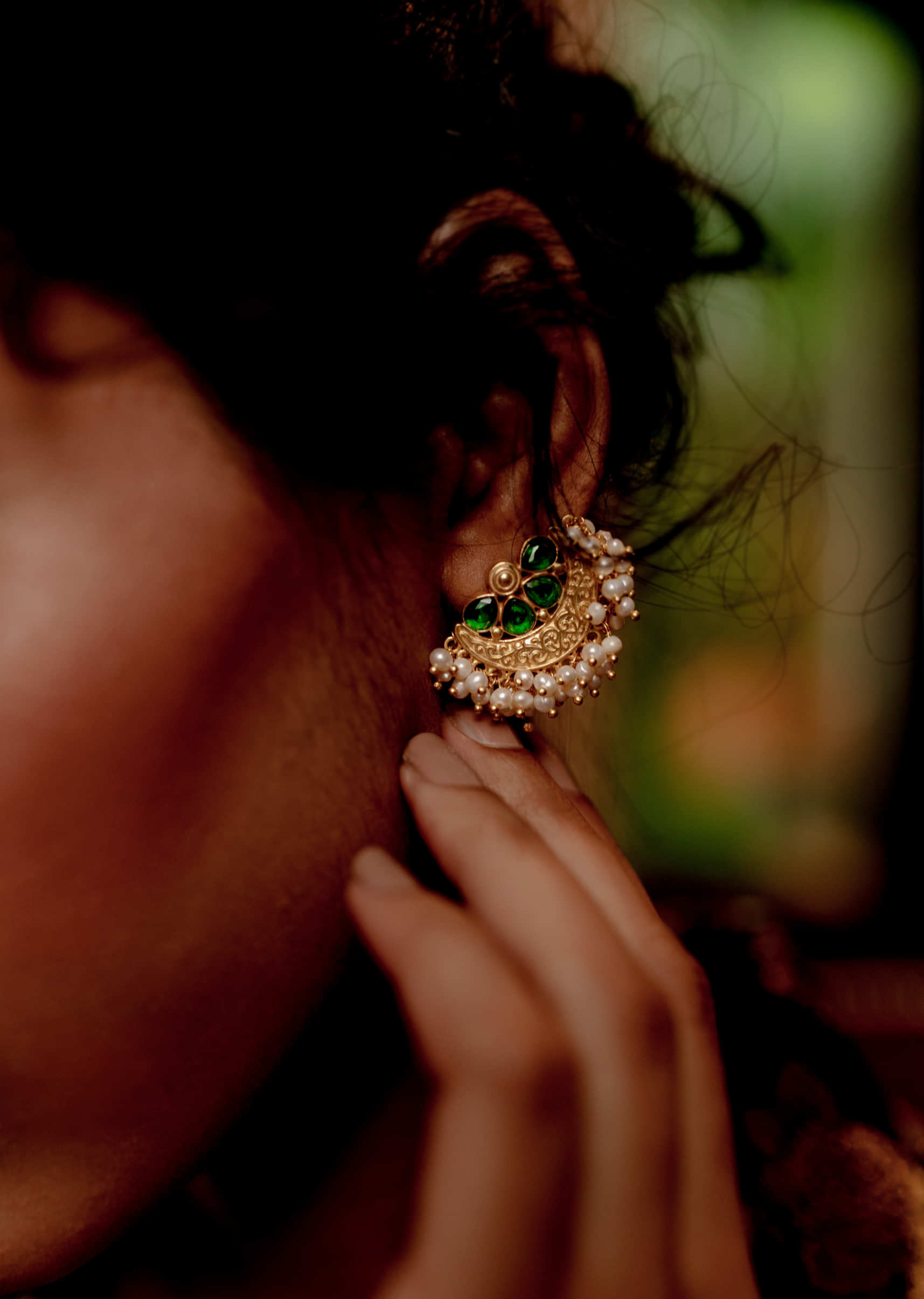 Gold Plated Floral Studs With Green Cz And Miniature Pearls By Zariin
