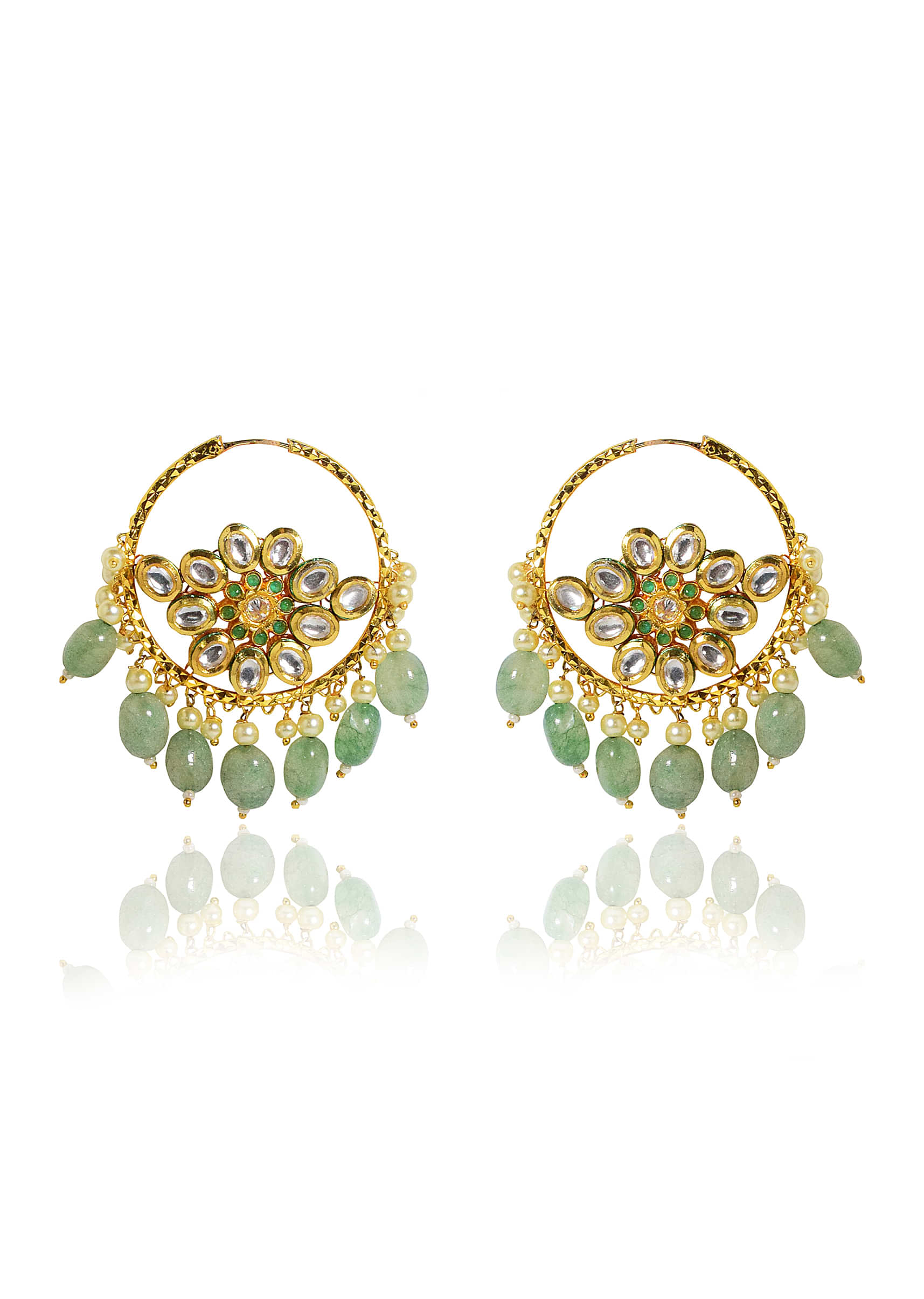 Gold Plated Hoop Earrings With Kundan Studded Flower And Synthetic Green Drops By Tizora