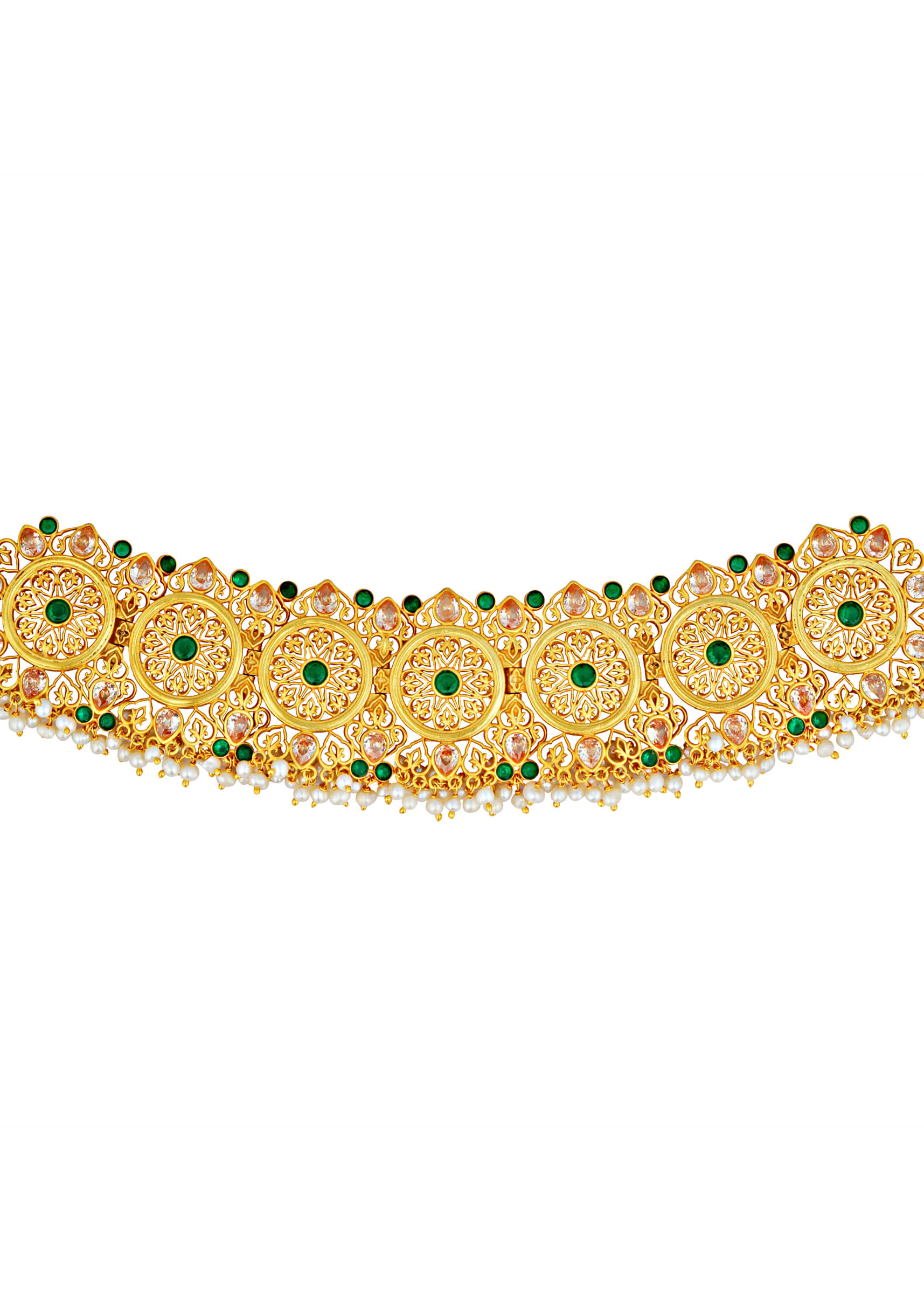 Gold Plated Jharoka Necklace In Floral Motifs With Green Cz And Delicate Pearls By Zariin