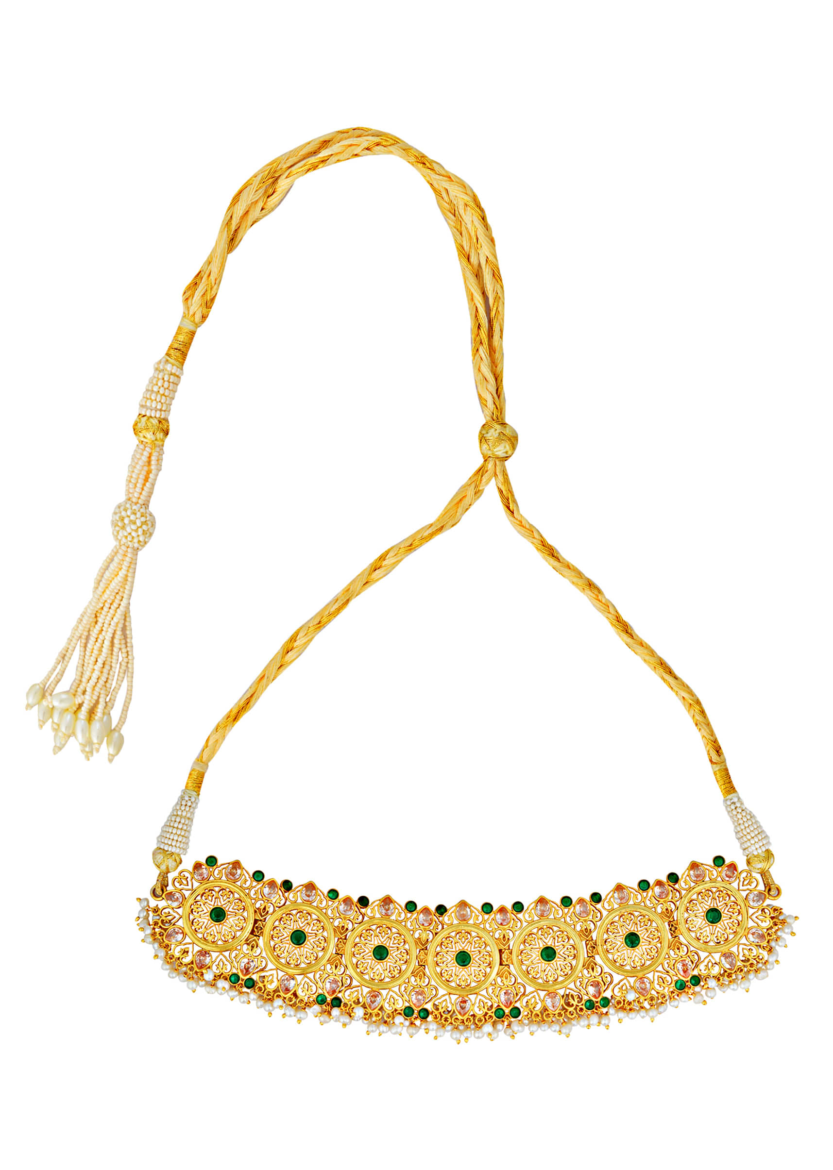 Gold Plated Jharoka Necklace In Floral Motifs With Green Cz And Delicate Pearls By Zariin