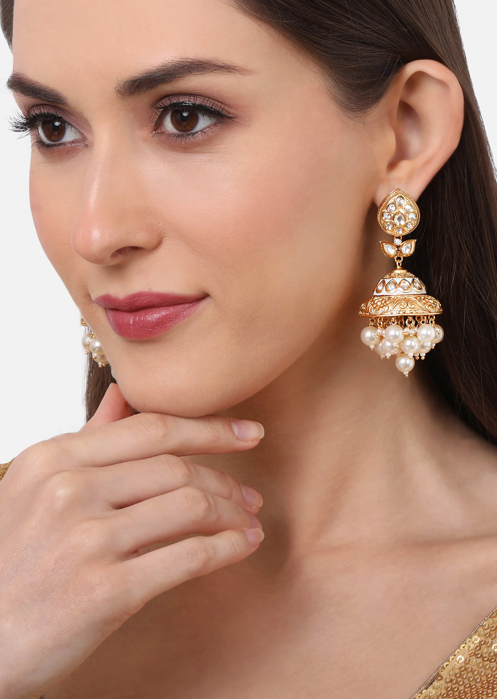 Gold Plated Jhumkas With Carved Design, Kundan And Faux Pearls By Tizora