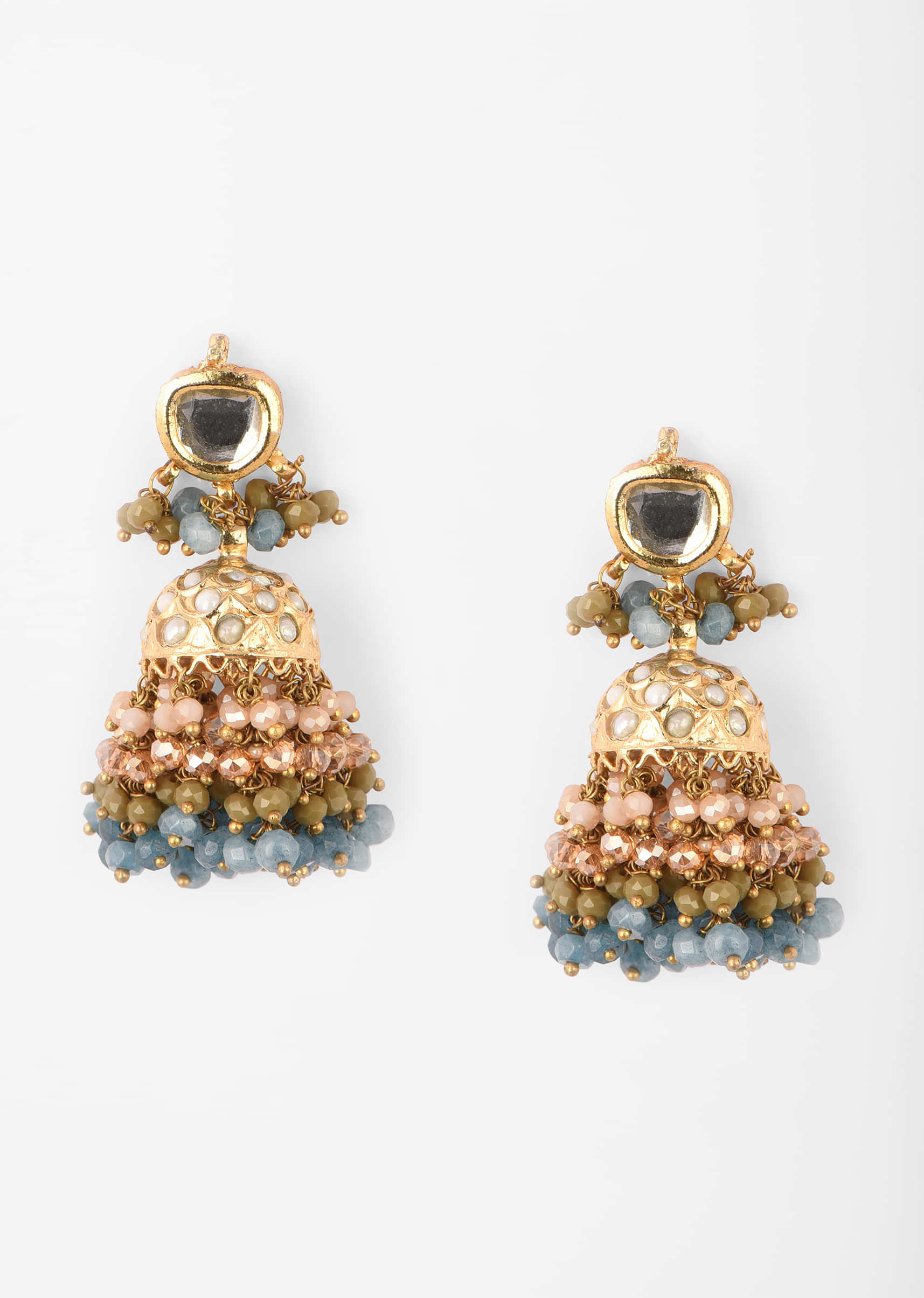 Buy Gold Plated Jhumkas With Kundan And Bead Fringes In The Shades Of ...