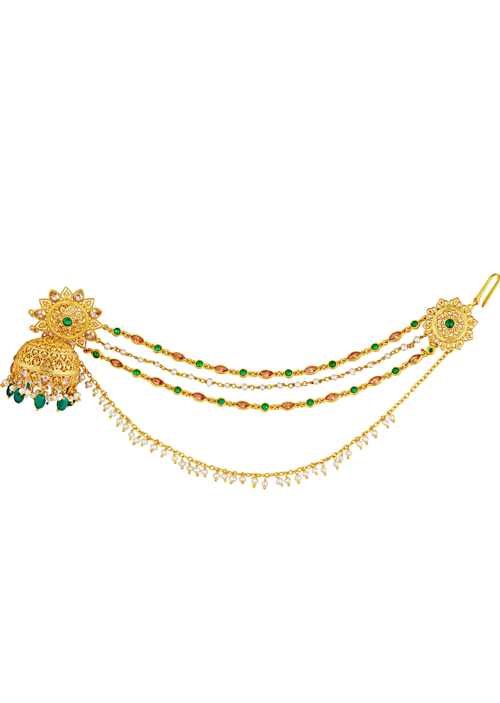 Gold Plated Jhumkas With Pearls And Green Onyx Beads And String Detailing By Zariin