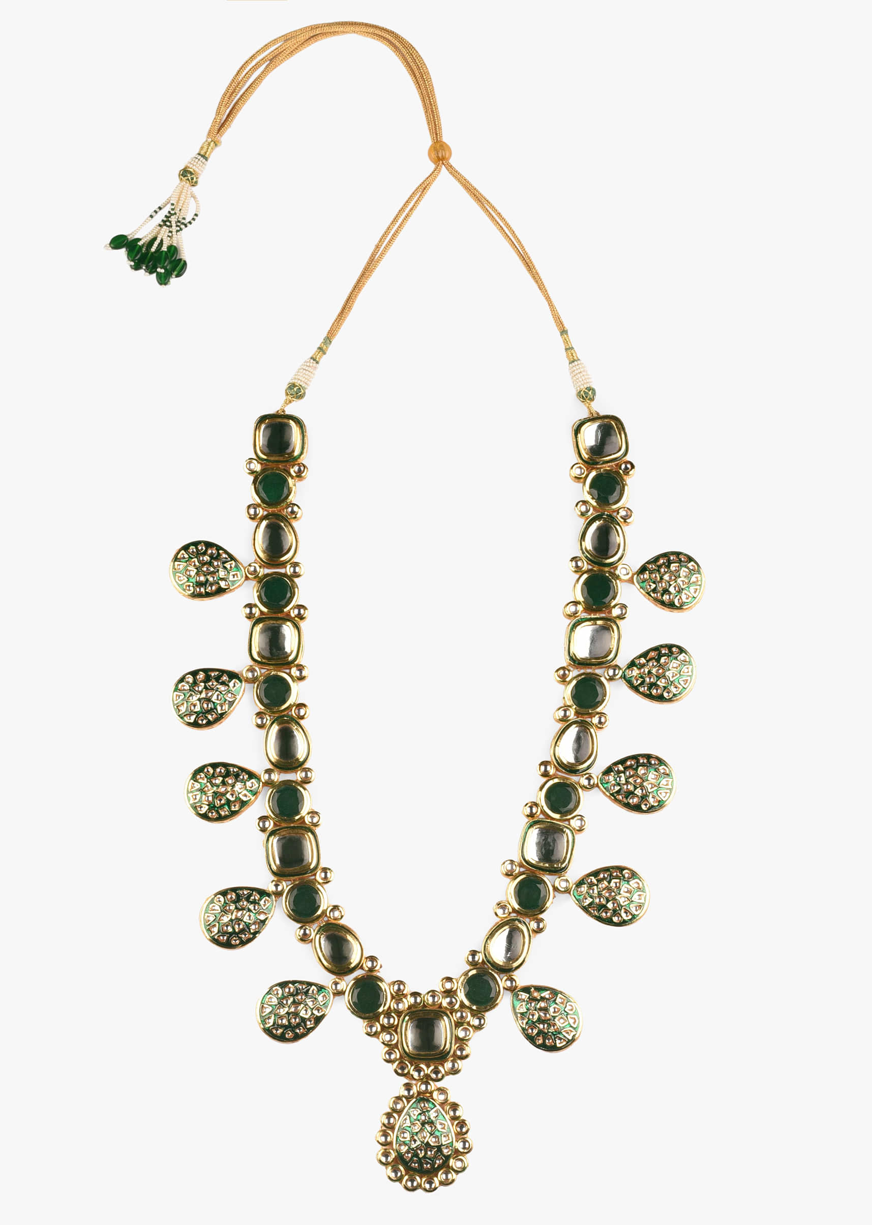 Gold Plated Kundan Bridal Necklace With Green Minakari In Drop Motifs And Green Stone Work 
