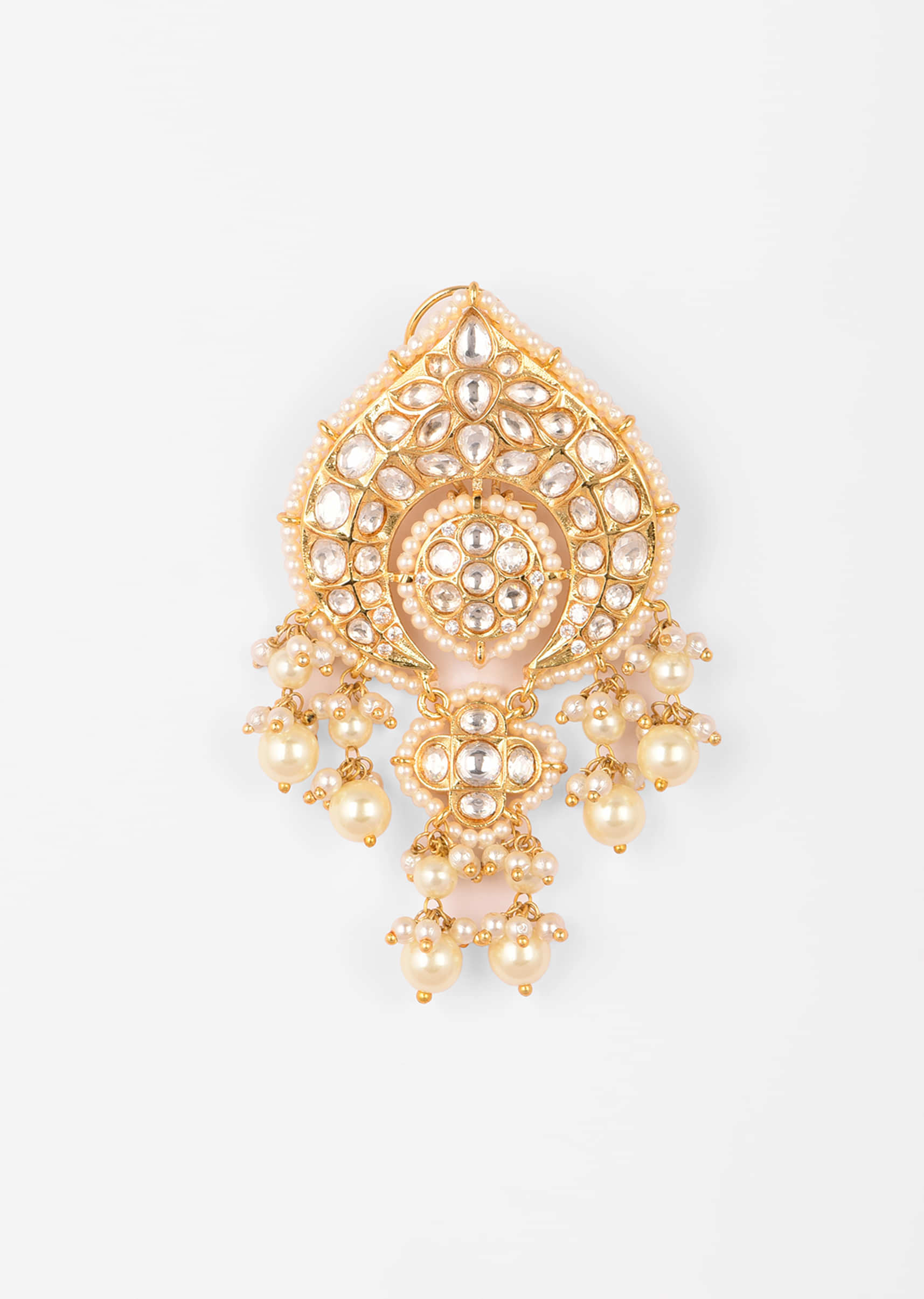 Gold Plated Kundan Earrings In Leaf Motif With Yellow And White Pearl Fringes 