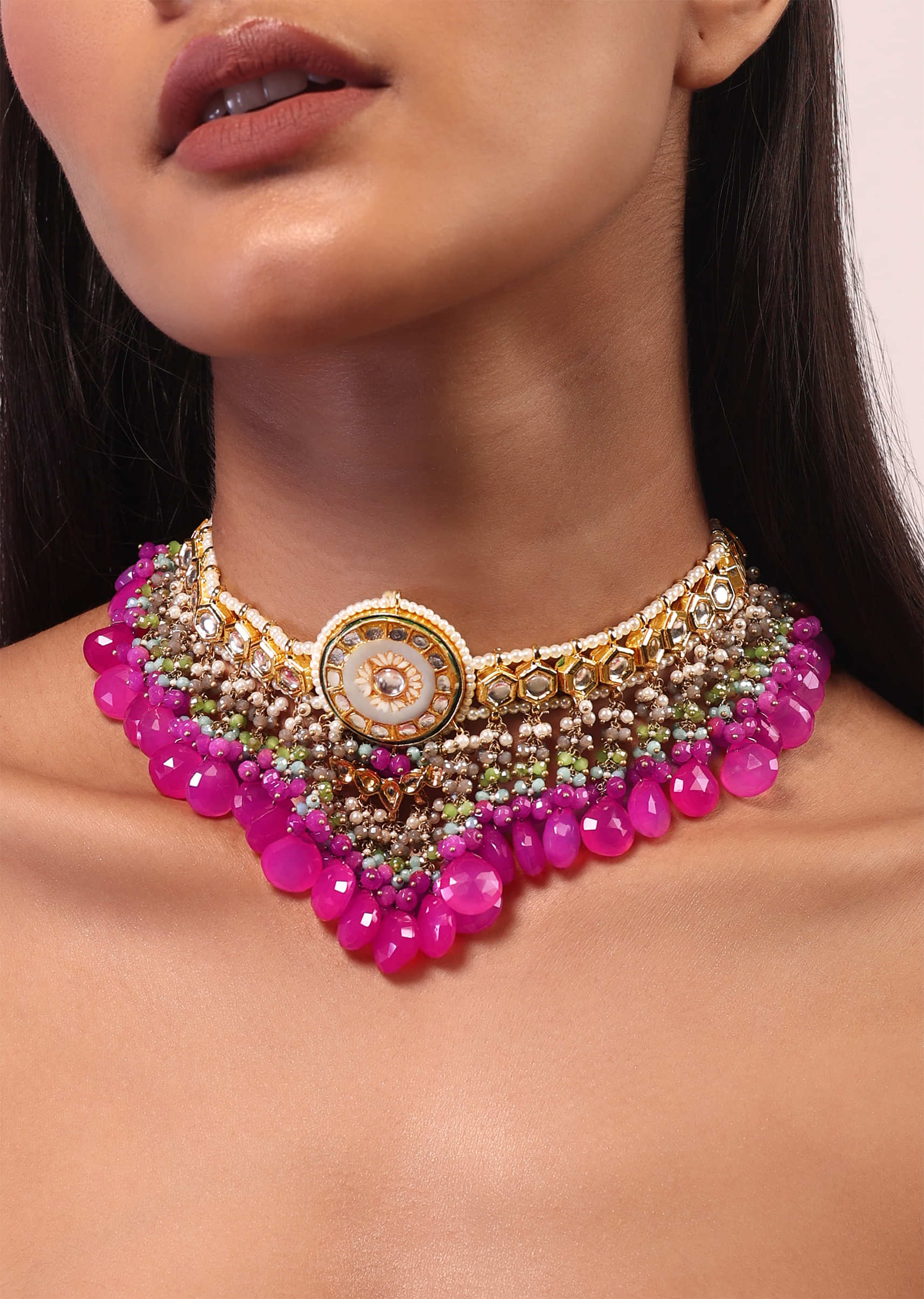 Gold Plated Kundan Necklace With Grey Floral Minakari Centre, Pink Stone Drops And Bead Fringes