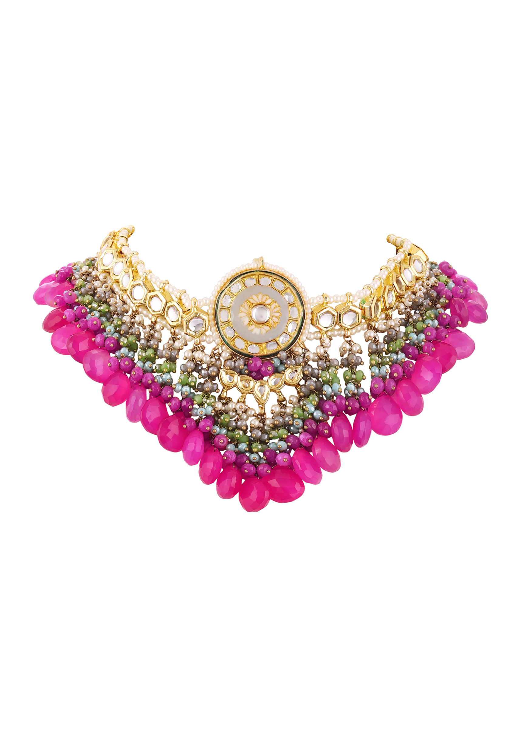 Gold Plated Kundan Necklace With Grey Floral Minakari Centre, Pink Stone Drops And Bead Fringes