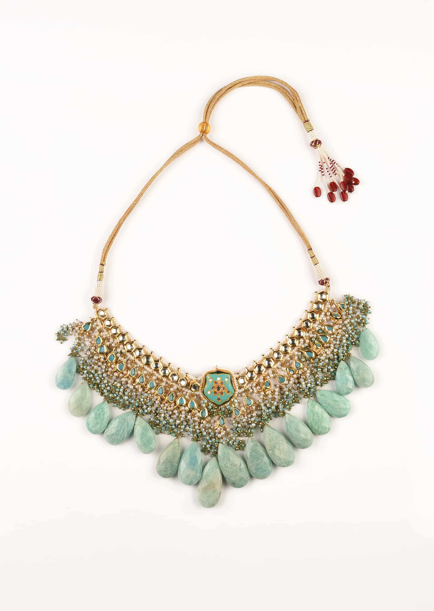 Gold Plated Kundan Necklace With Sea Green Semi Precious Stone Drops And Minakari Centerpiece 