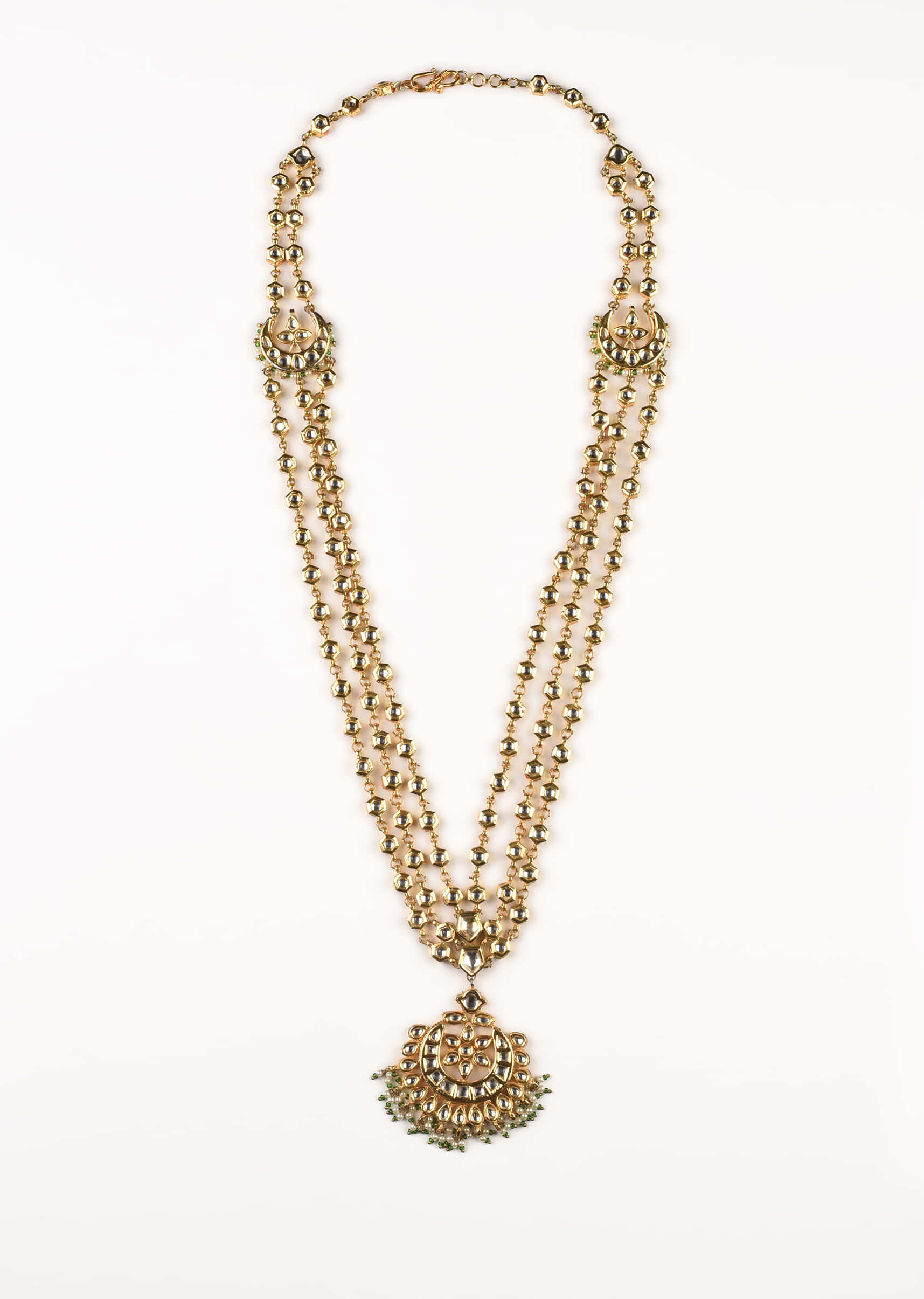 Gold Plated Long Kundan Necklace With Floral And Crescent Pendant And Three Layered Kundan Chain 