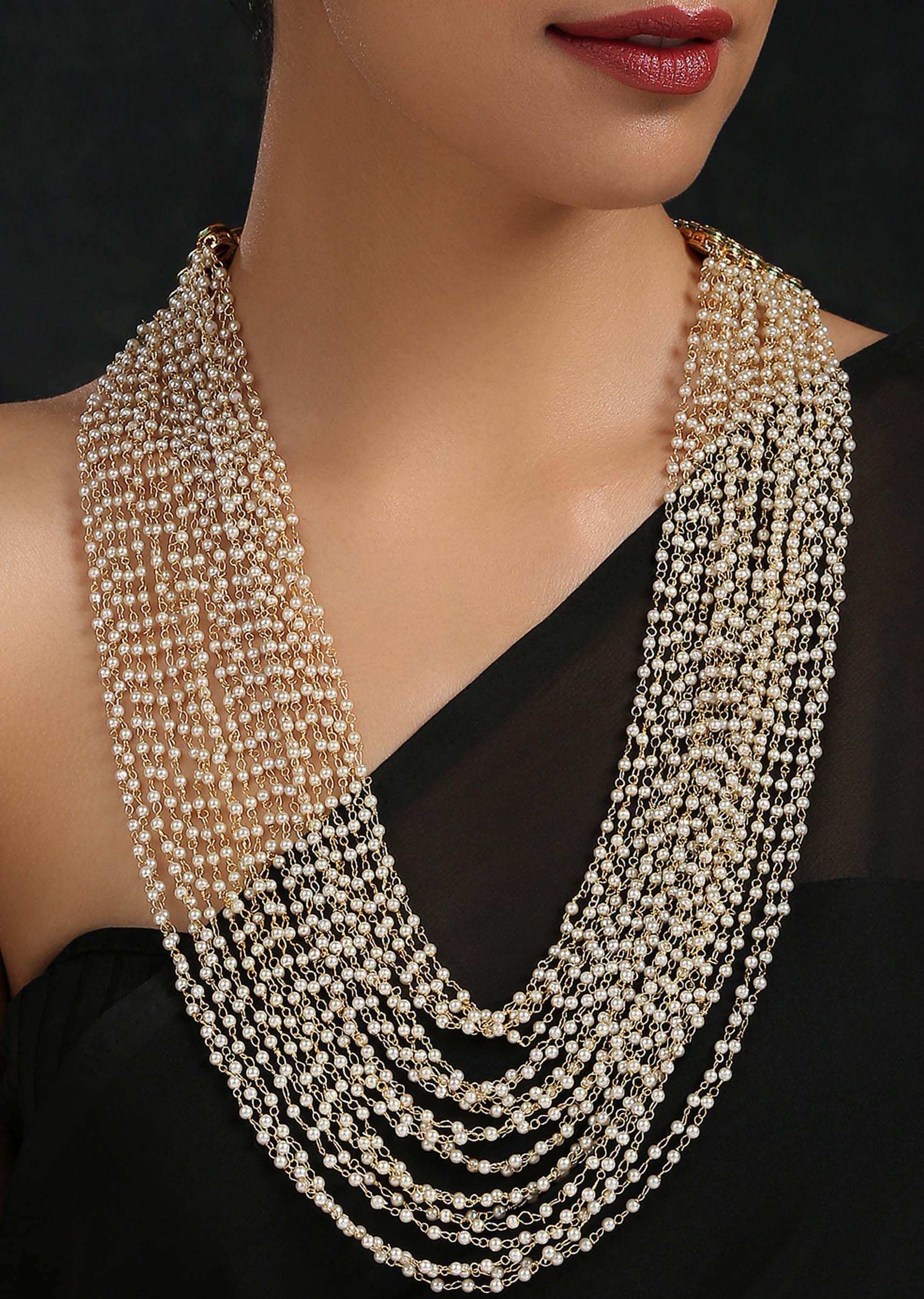 Gold Plated Long Layered Necklace With Pearl Detailing