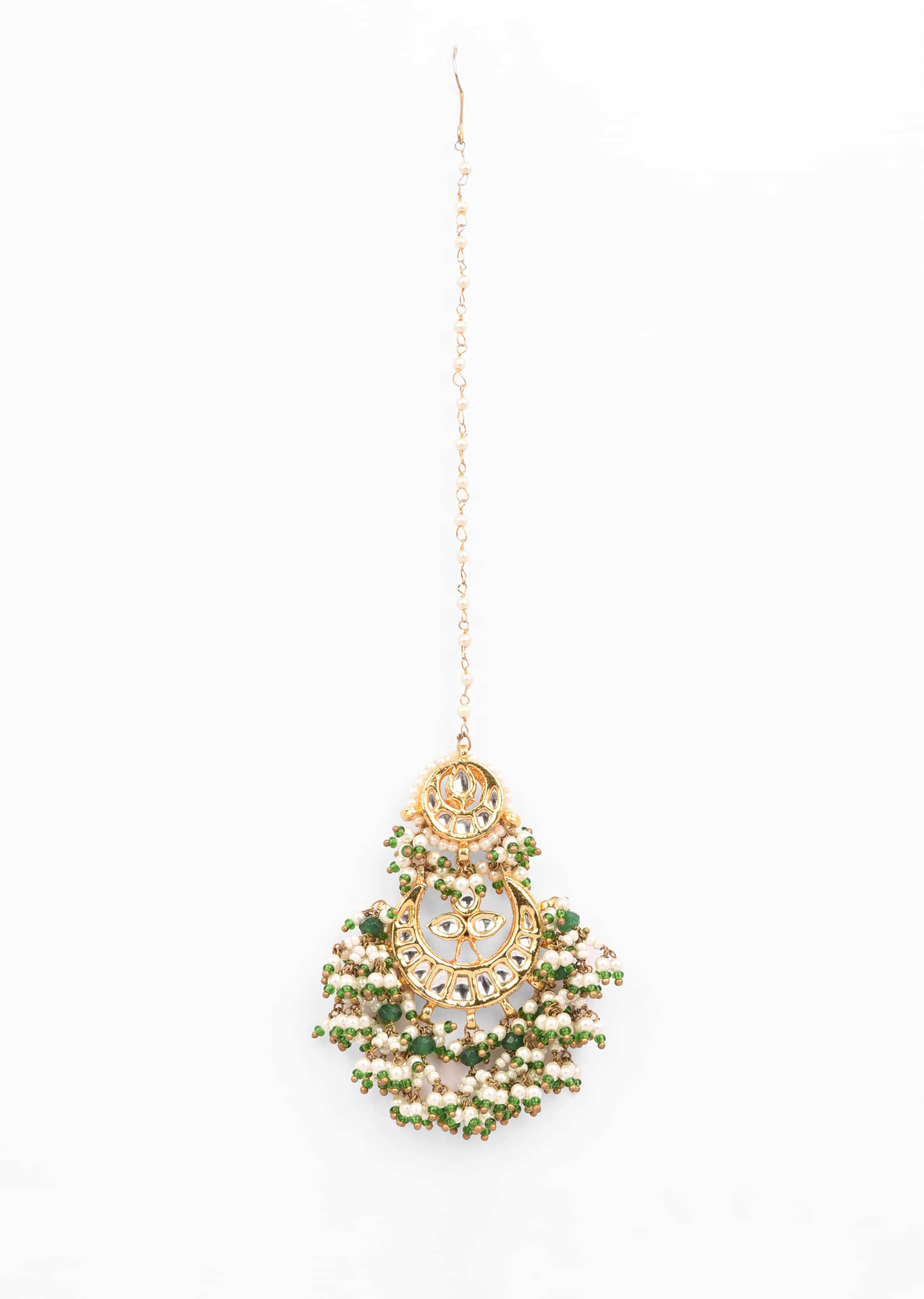 Gold Plated Mangtika With Crescent Polki, Bunches Of Green Beads And Pearls 