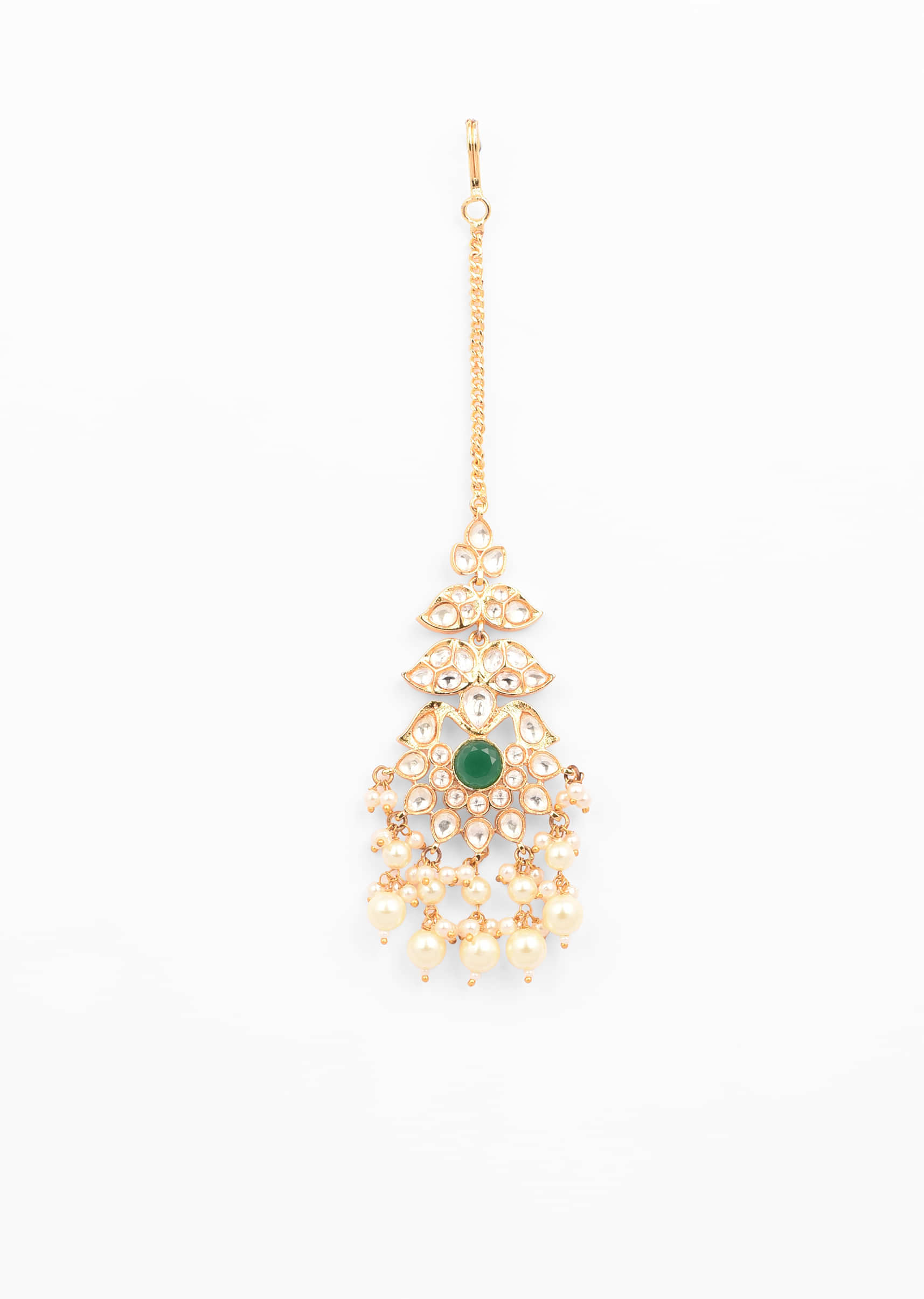 Gold Plated Mangtika With Floral, Green Stone Accent And Pearls 