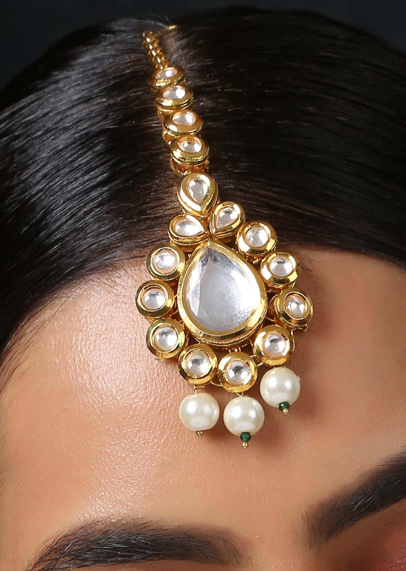 Gold Plated Mangtika With Uncut Polki And Pearl Accents