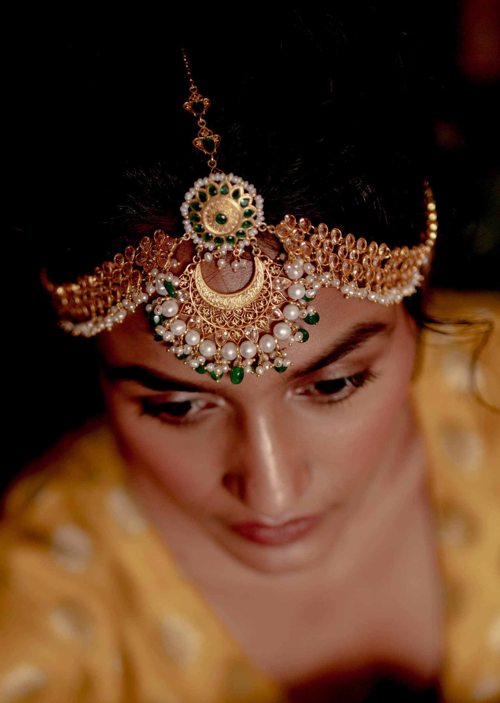Gold Plated Matha Patti With Filigree Design Embellished In Green And Champagne Cz By Zariin